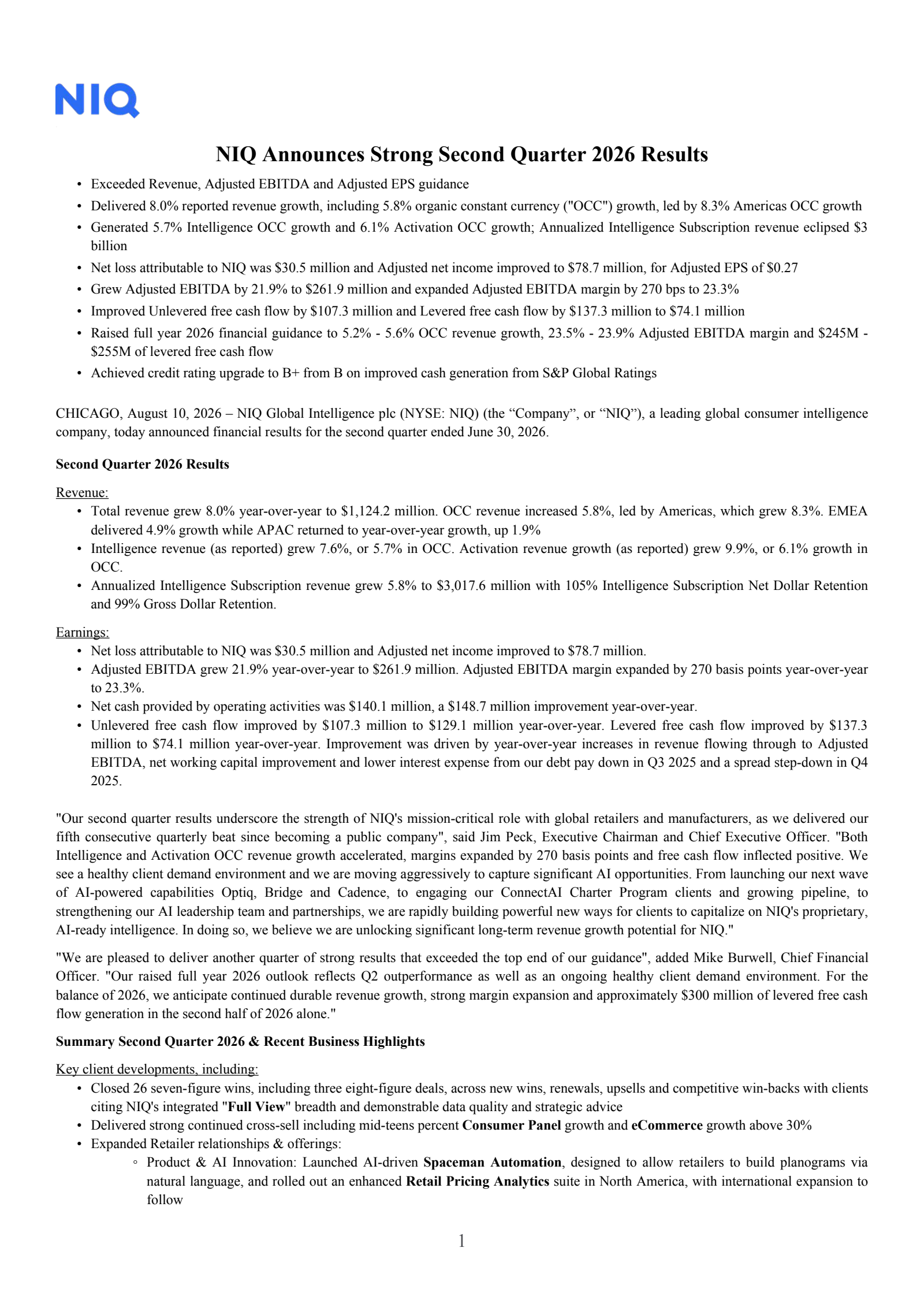 NIQ Global Intelligence's Q2 2026 Press Release
