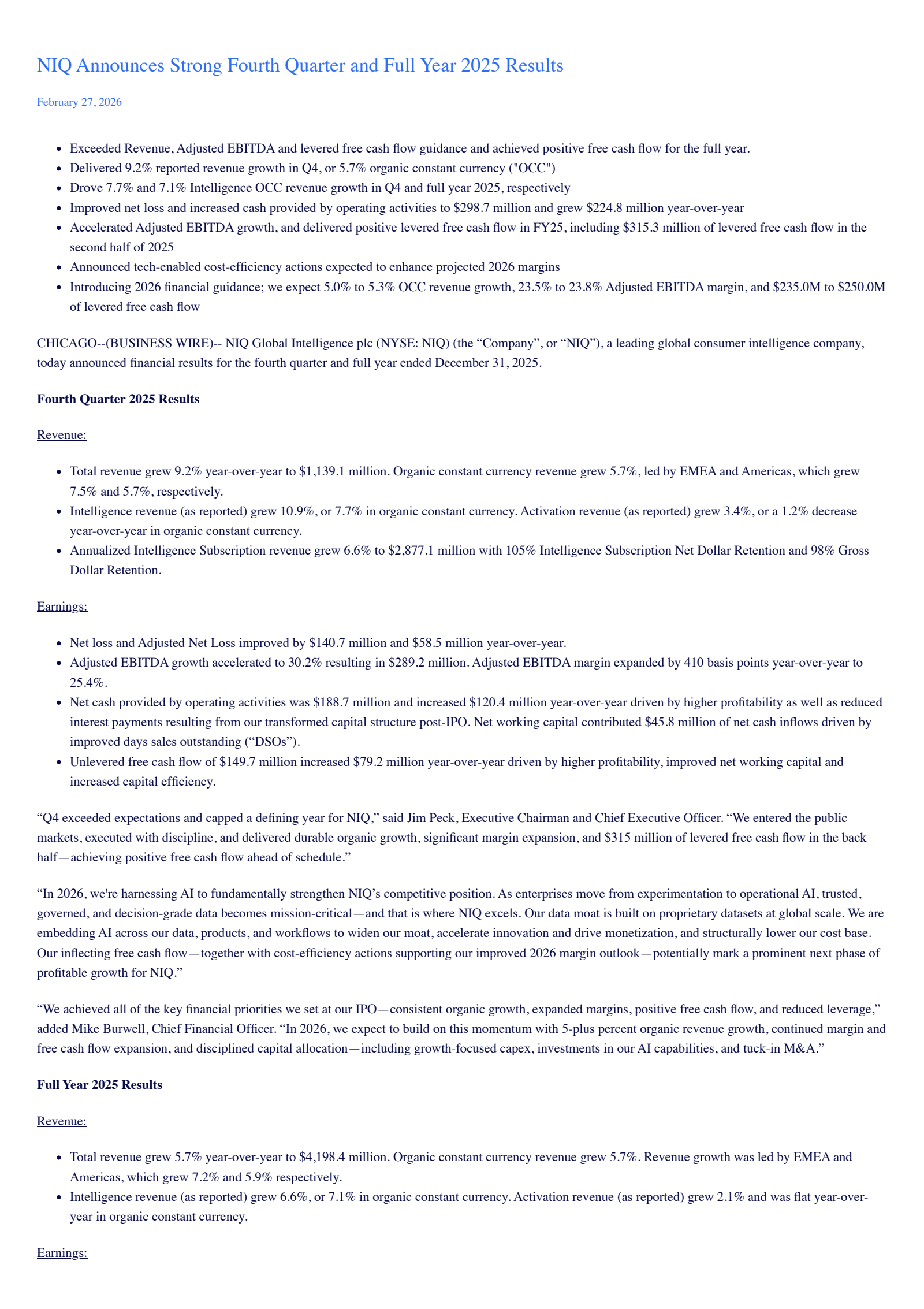 NIQ Global Intelligence's Q4 2025 Press Release
