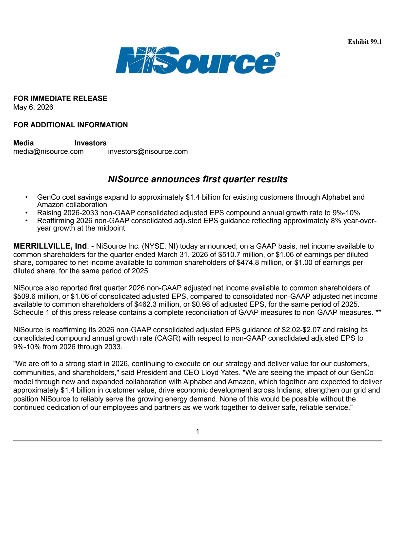 NiSource's Q1 2026 Press Release