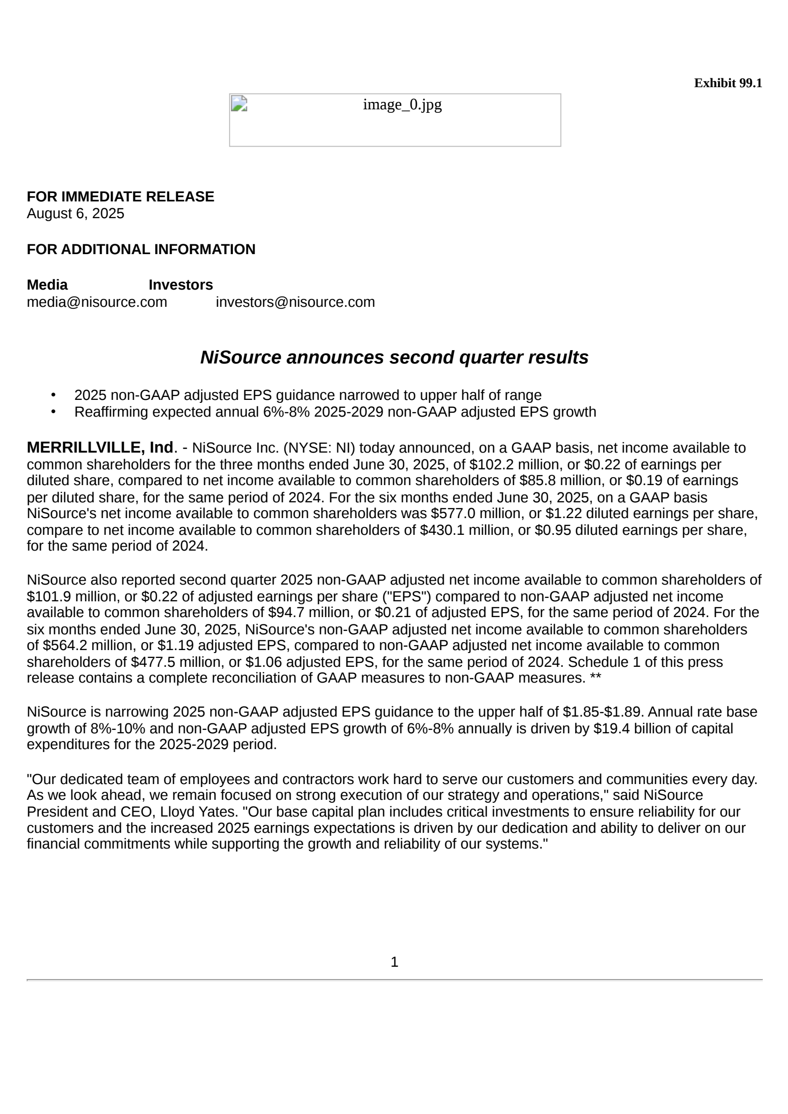 NiSource's Q2 2025 Press Release
