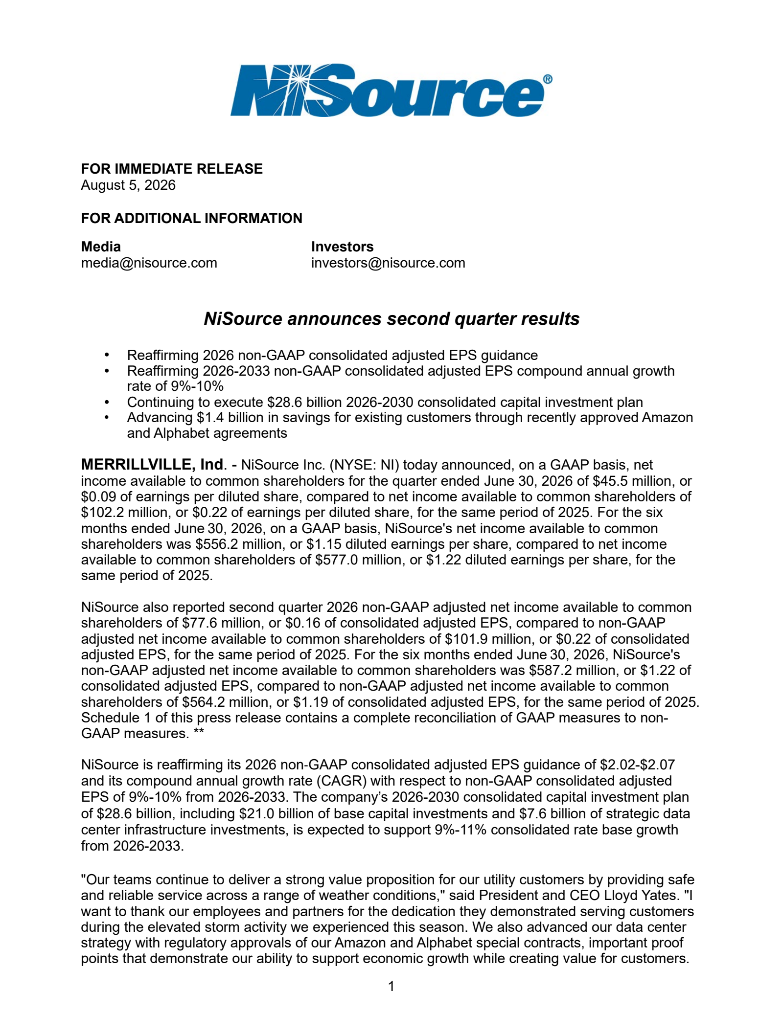 NiSource's Q2 2026 Press Release