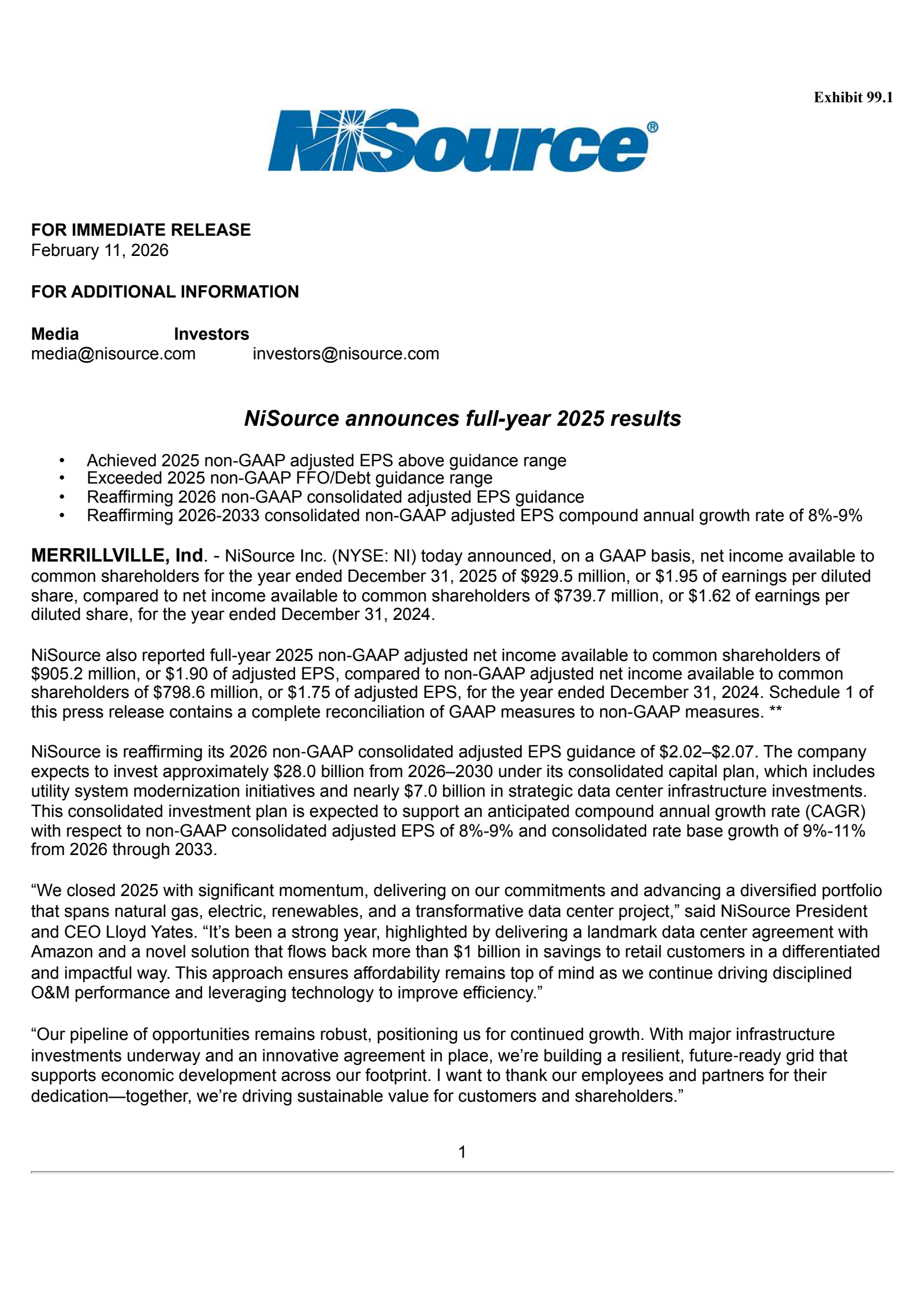 NiSource's Q4 2025 Press Release