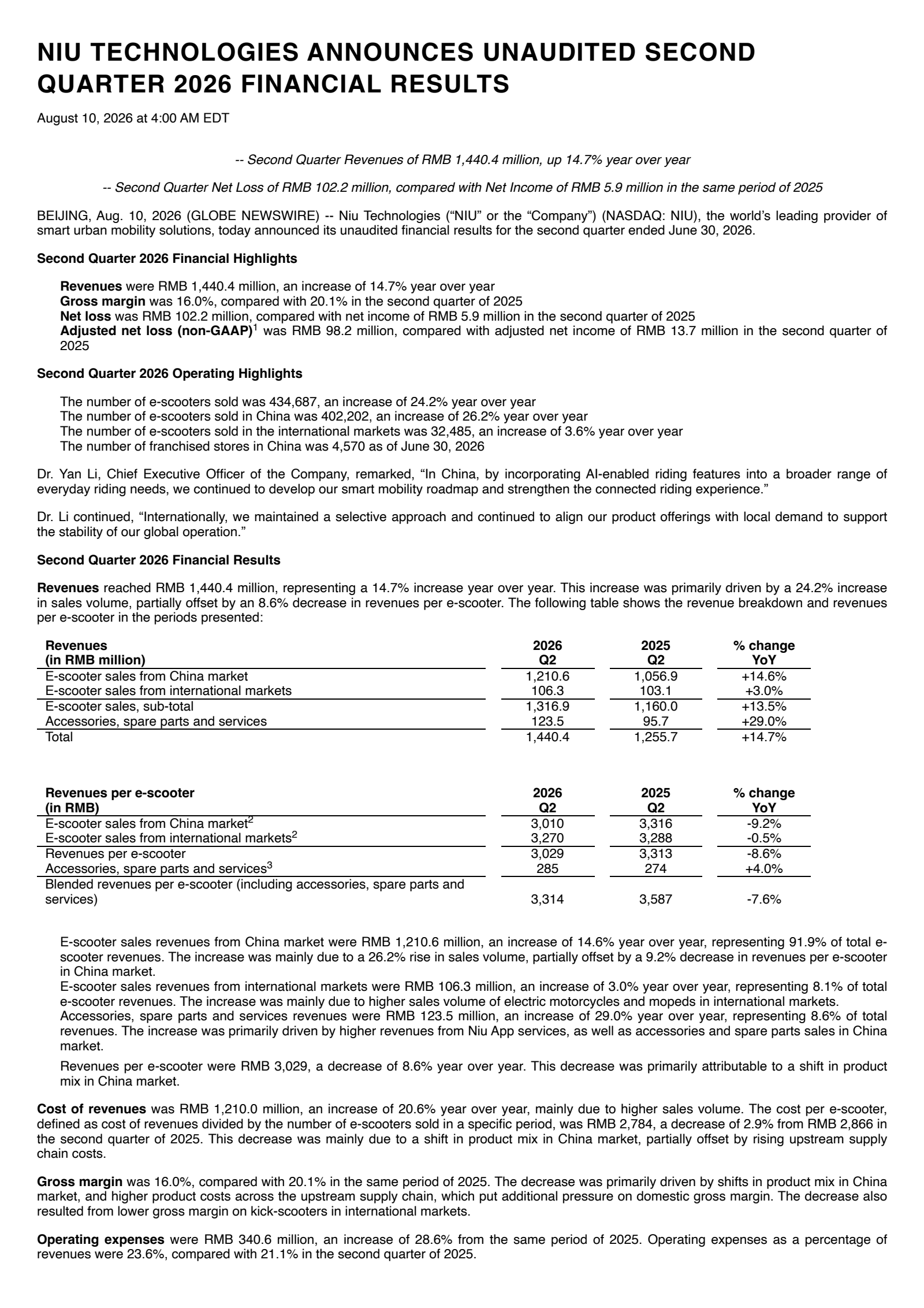 Niu Technologies' Q2 2026 Press Release