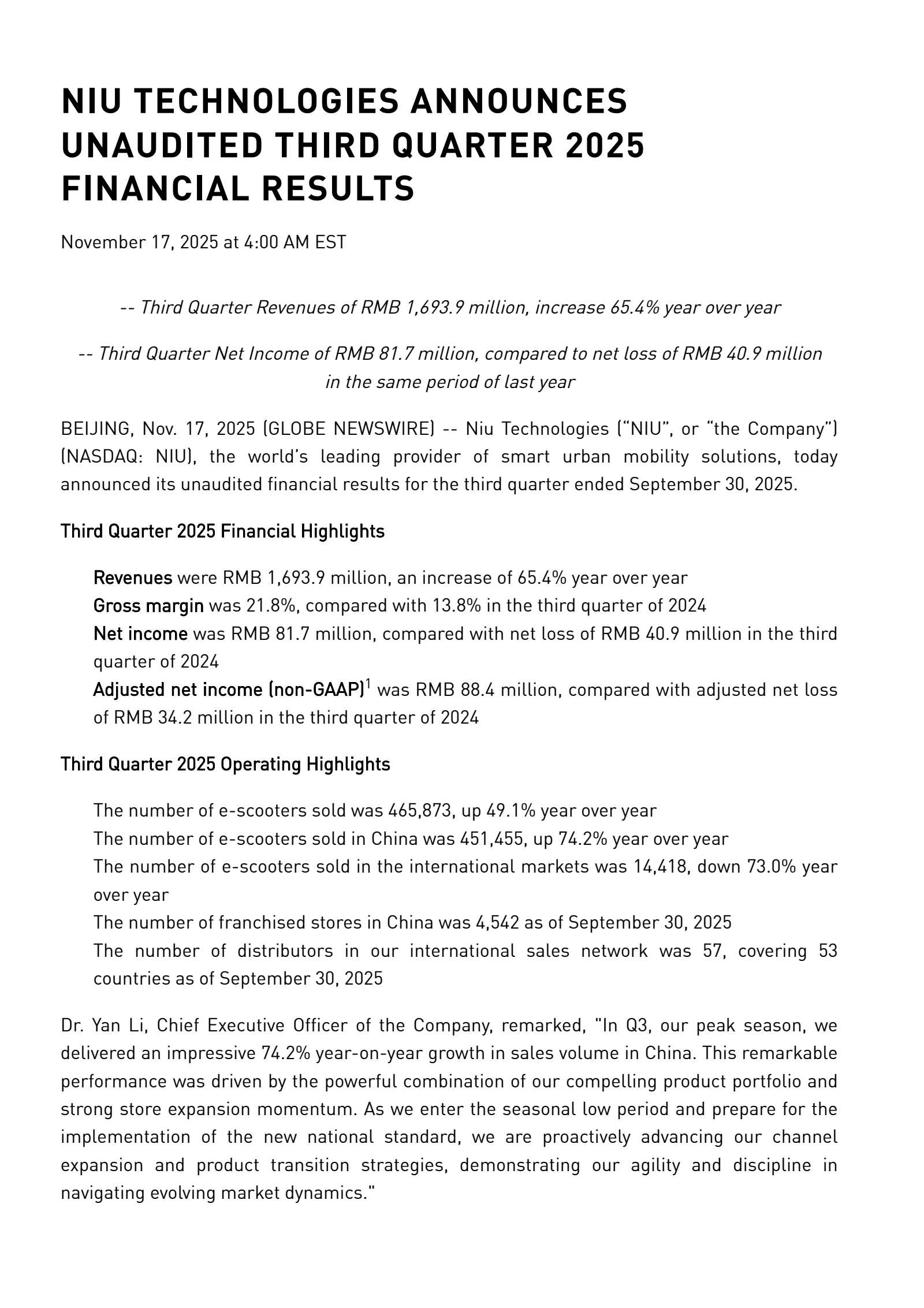 Niu Technologies' Q3 2025 Earnings Release