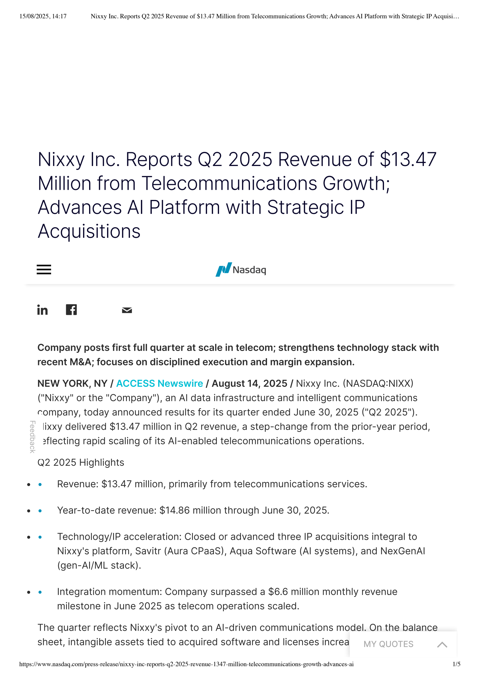 Nixxy's Q2 2025 Press Release