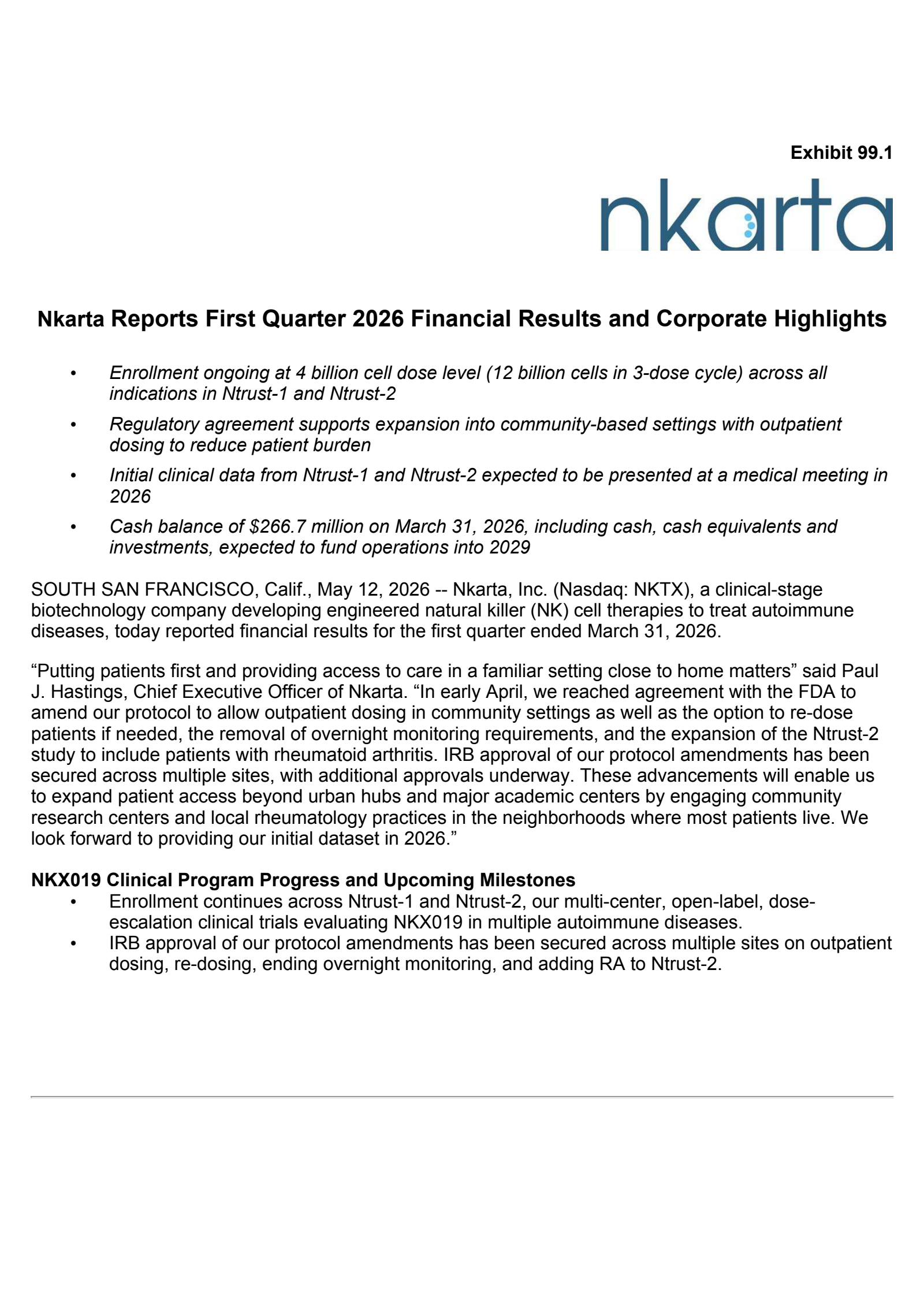 Nkarta's Q1 2026 Press Release