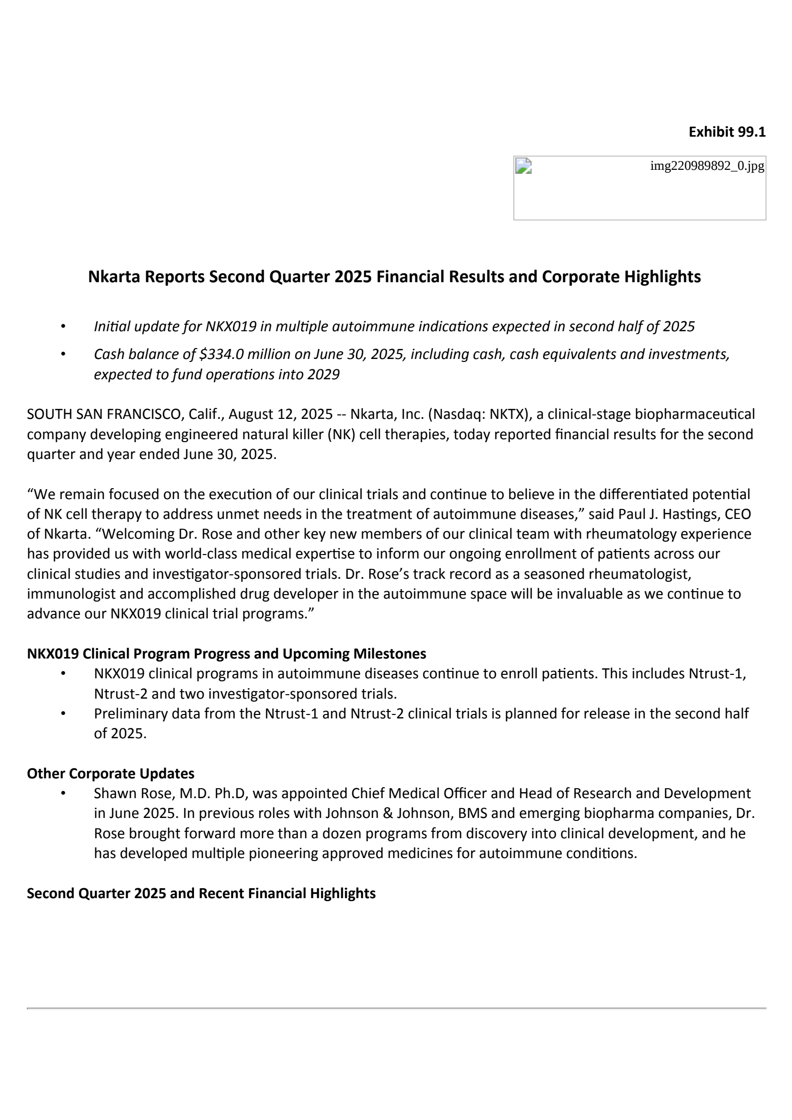 Nkarta's Q2 2025 Press Release