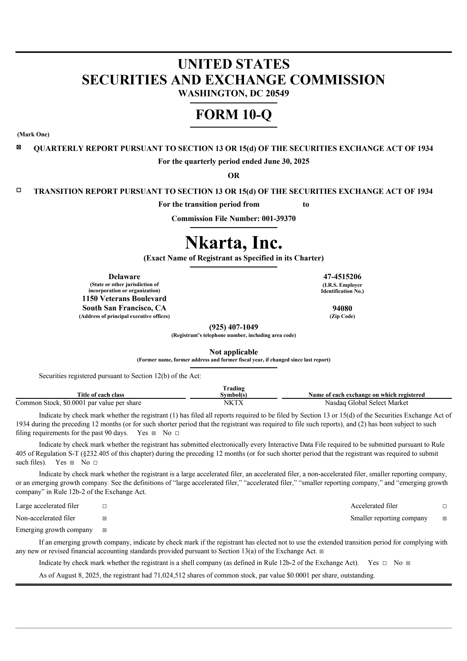 Nkarta's Q2 2025 Quarterly report