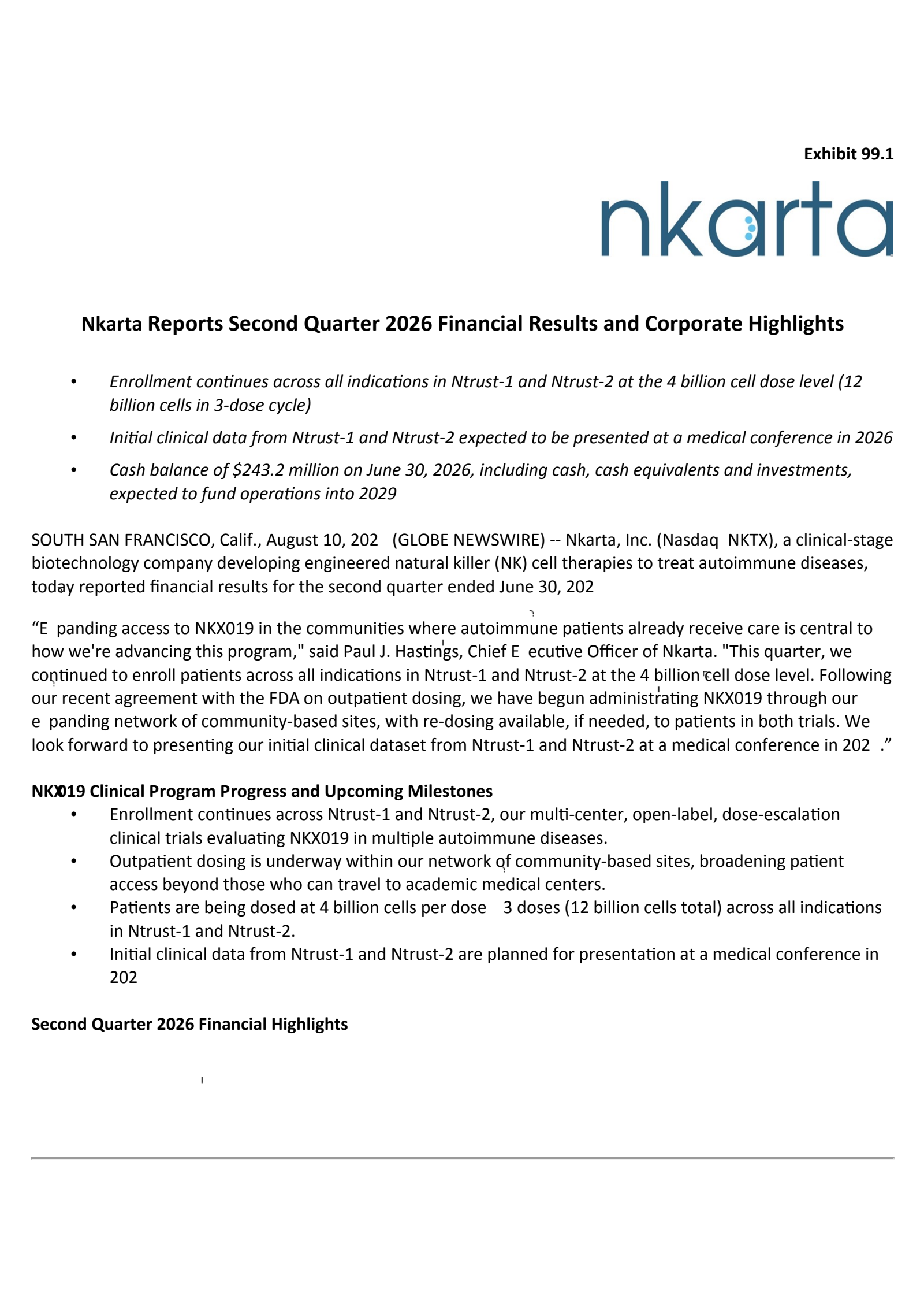 Nkarta's Q2 2026 Press Release