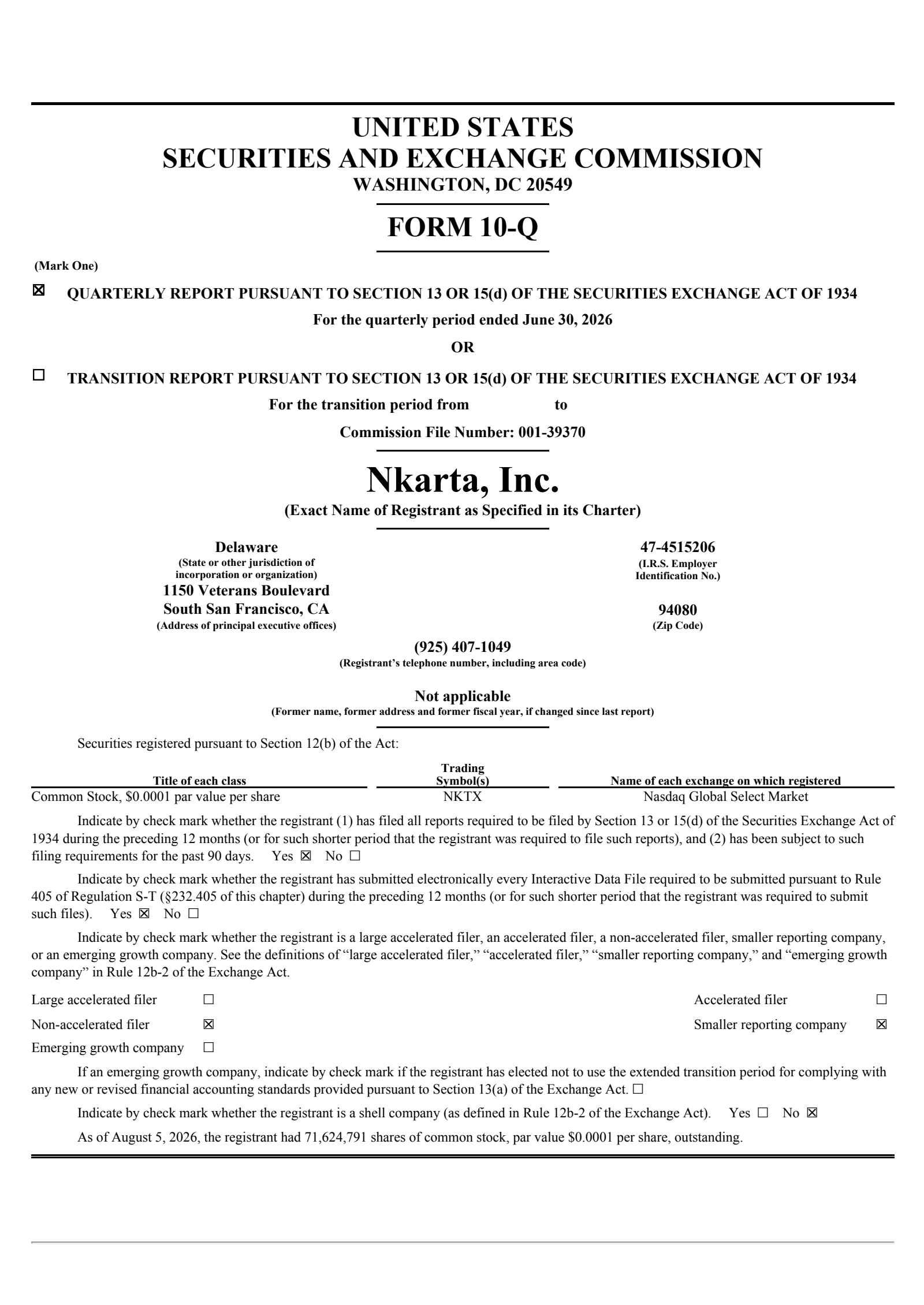 Nkarta's Q2 2026 Quarterly report
