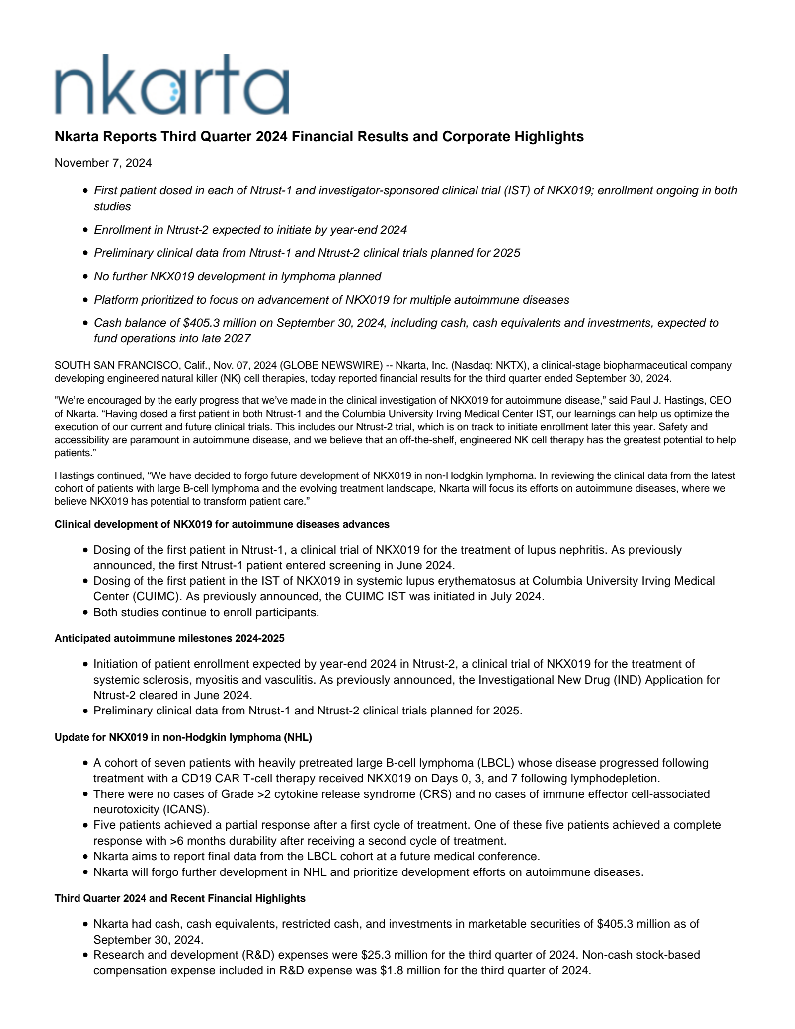 Nkarta's Q3 2024 Press Release