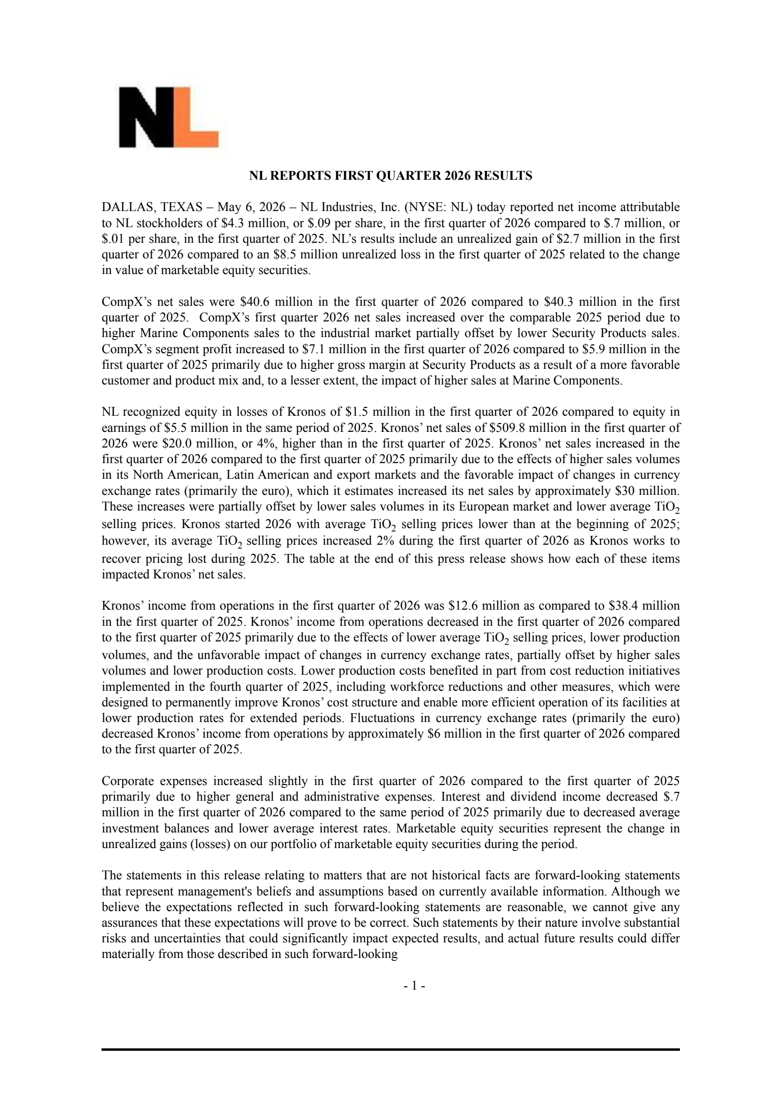 NL Industries' Q1 2026 Press Release