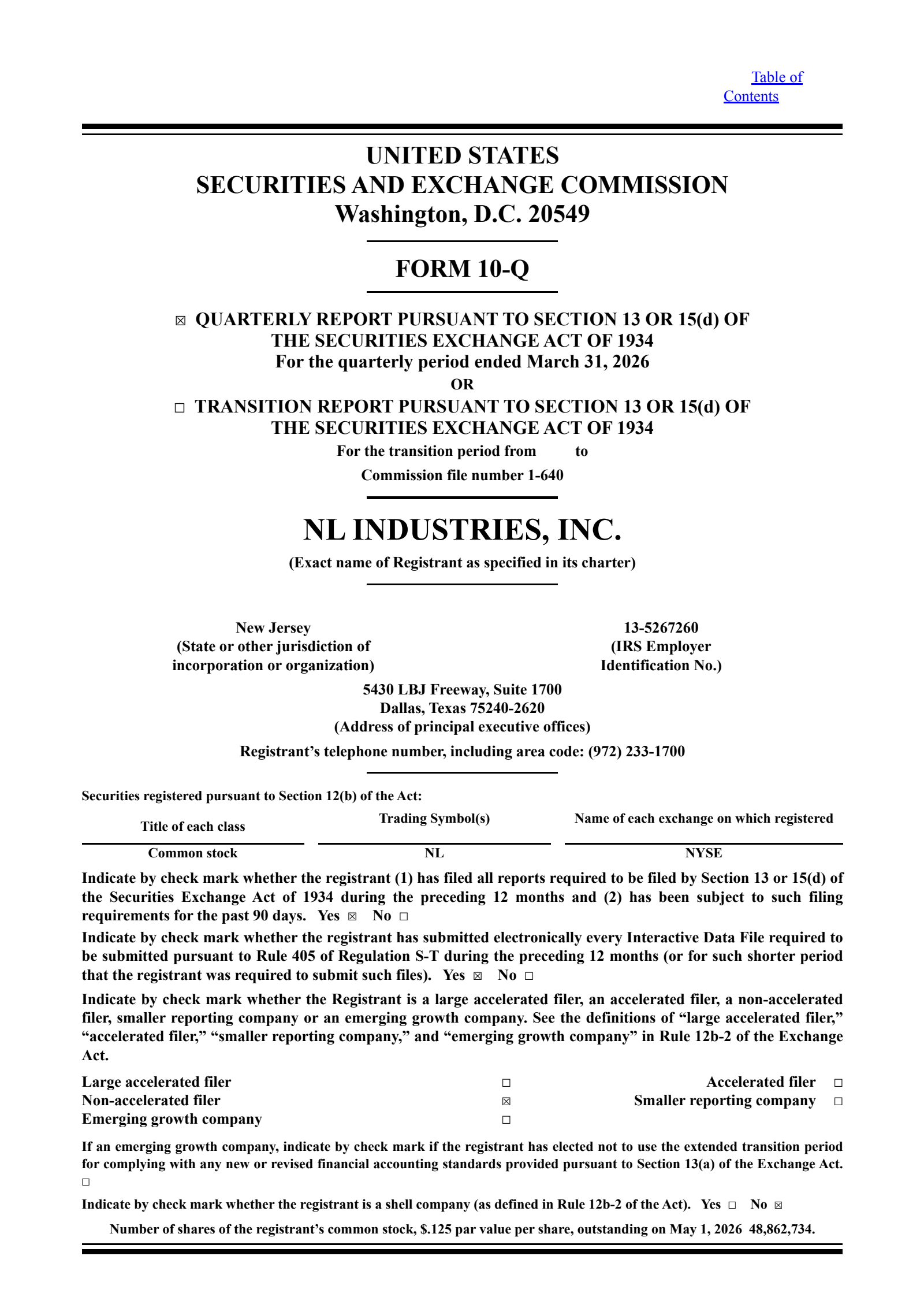 NL Industries' Q1 2026 Quarterly report