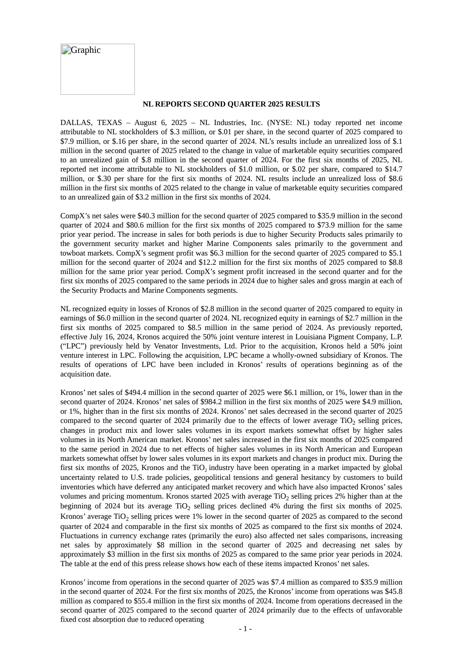 NL Industries' Q2 2025 Press Release