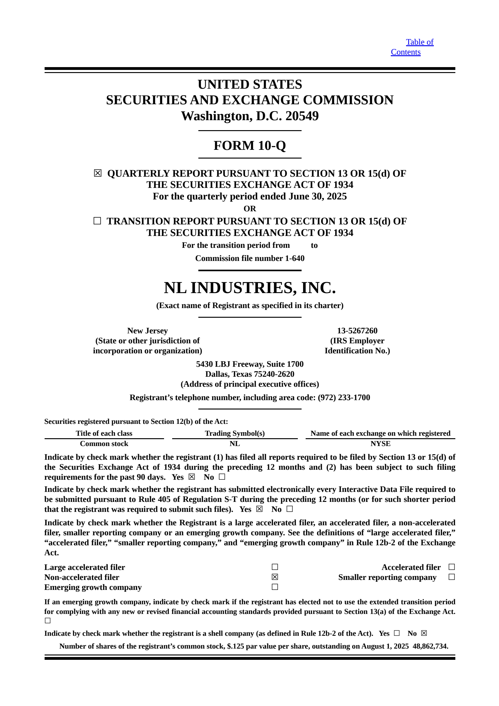NL Industries' Q2 2025 Quarterly report