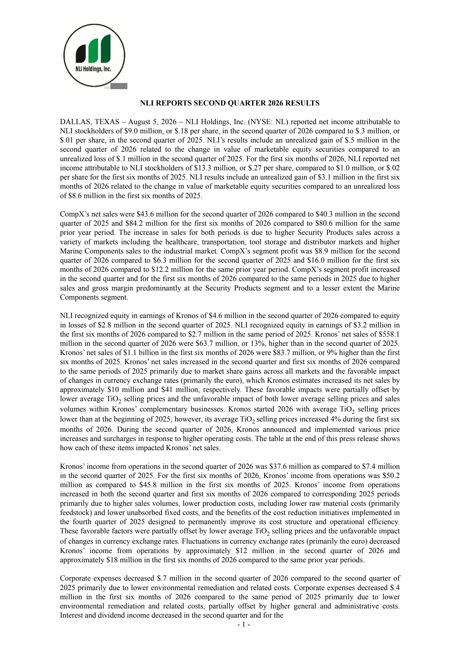 NL Industries' Q2 2026 Press Release