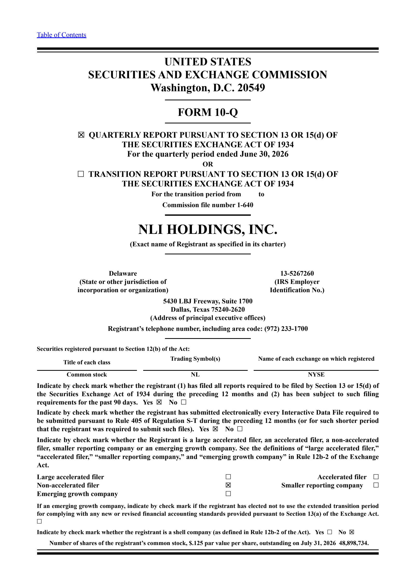 NL Industries' Q2 2026 Quarterly report