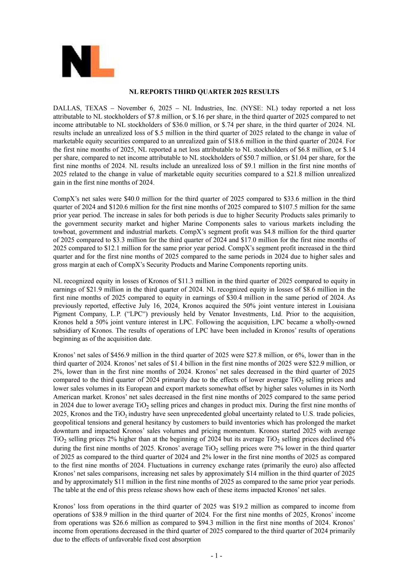 NL Industries' Q3 2025 Earnings Release