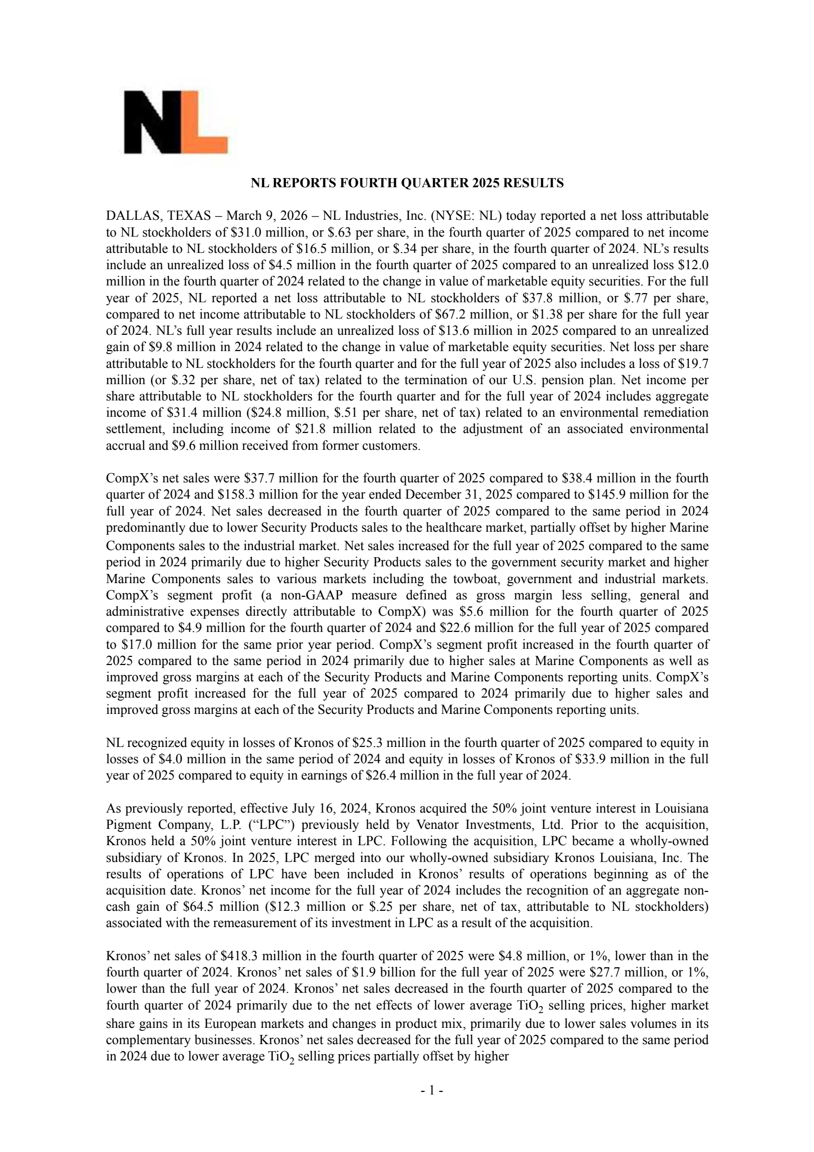 NL Industries' Q4 2025 Press Release