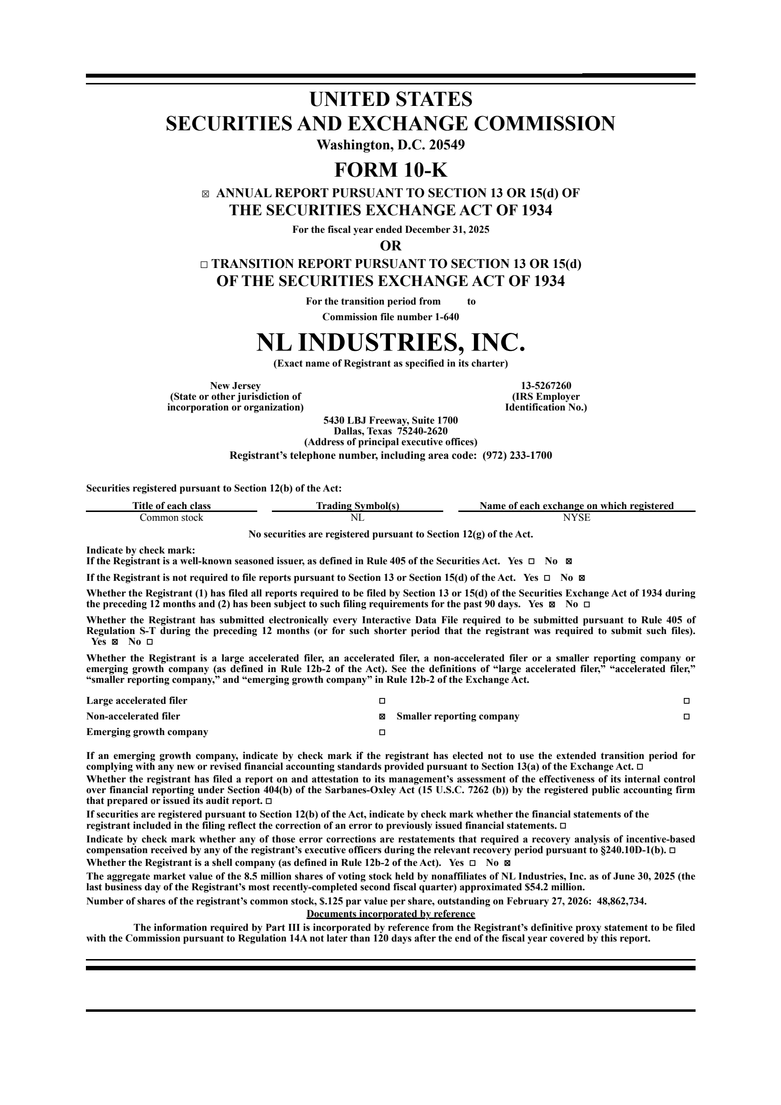 NL Industries' Q4 2025 Annual report