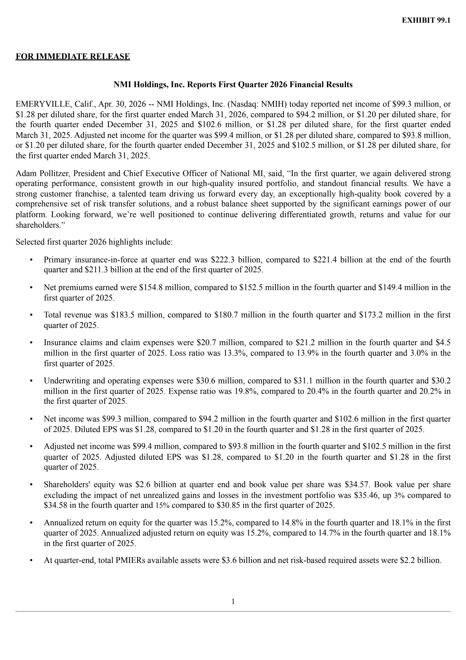 NMI's Q1 2026 Press Release