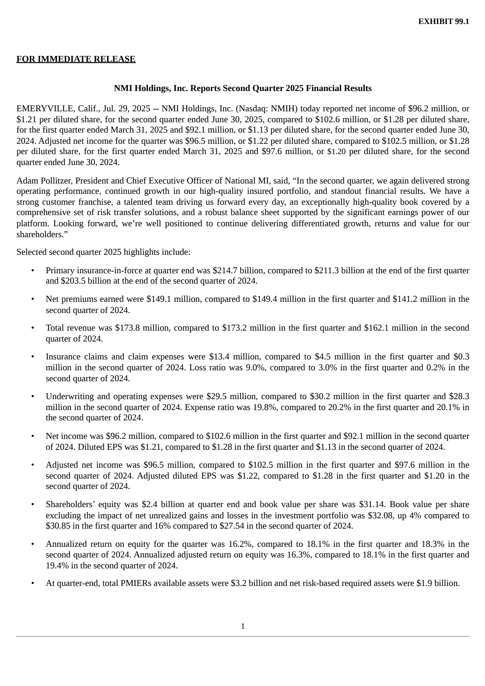NMI's Q2 2025 Press Release