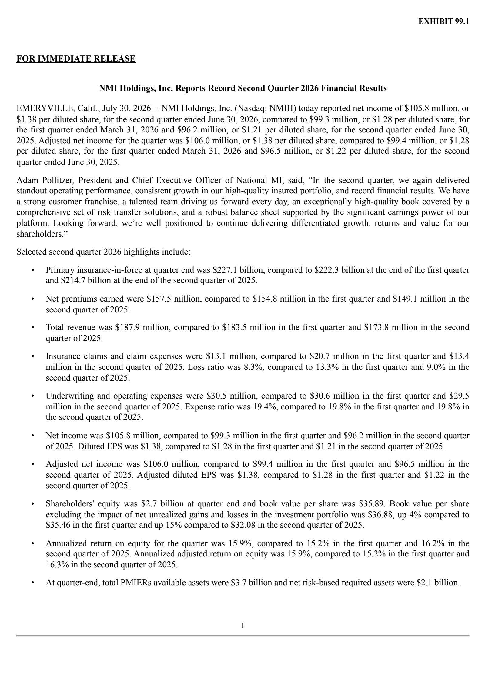 NMI's Q2 2026 Press Release