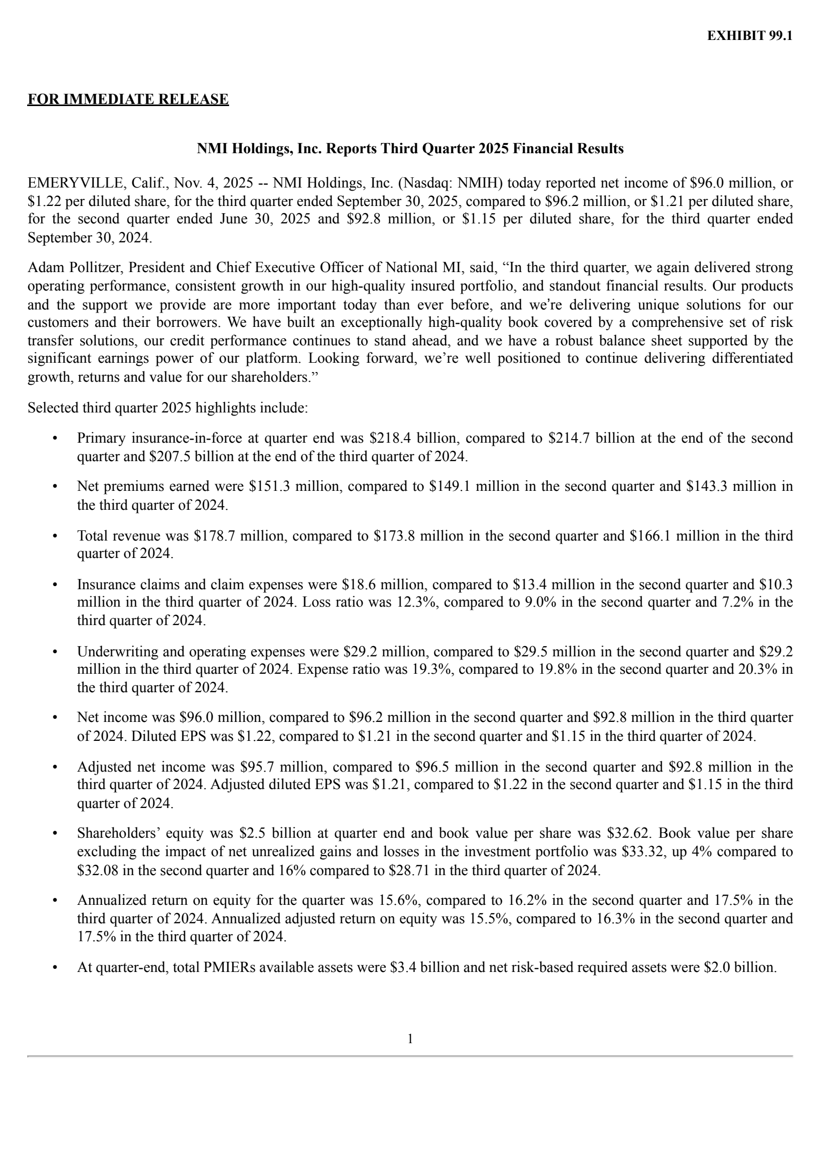 NMI's Q3 2025 Earnings Release