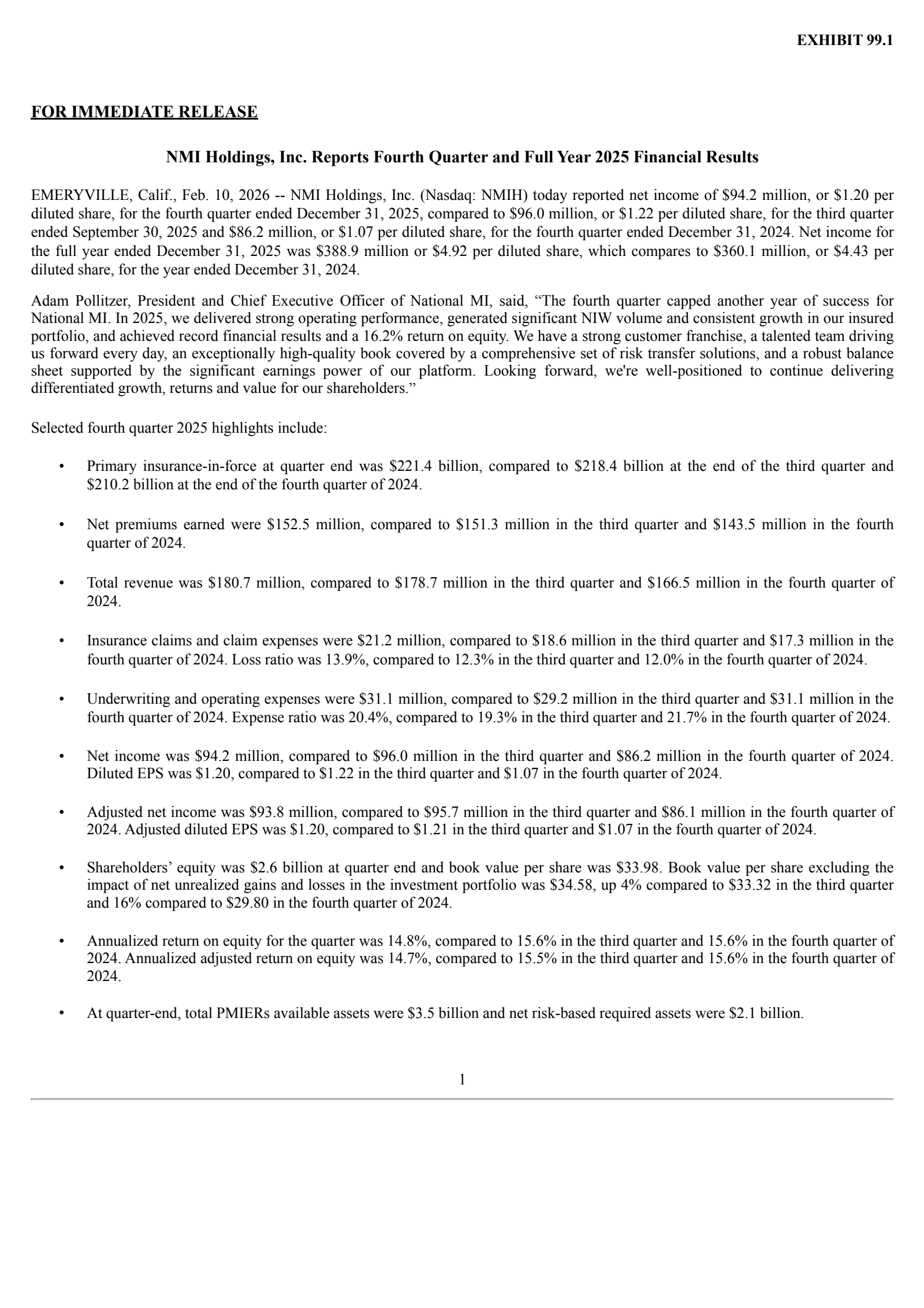 NMI's Q4 2025 Press Release