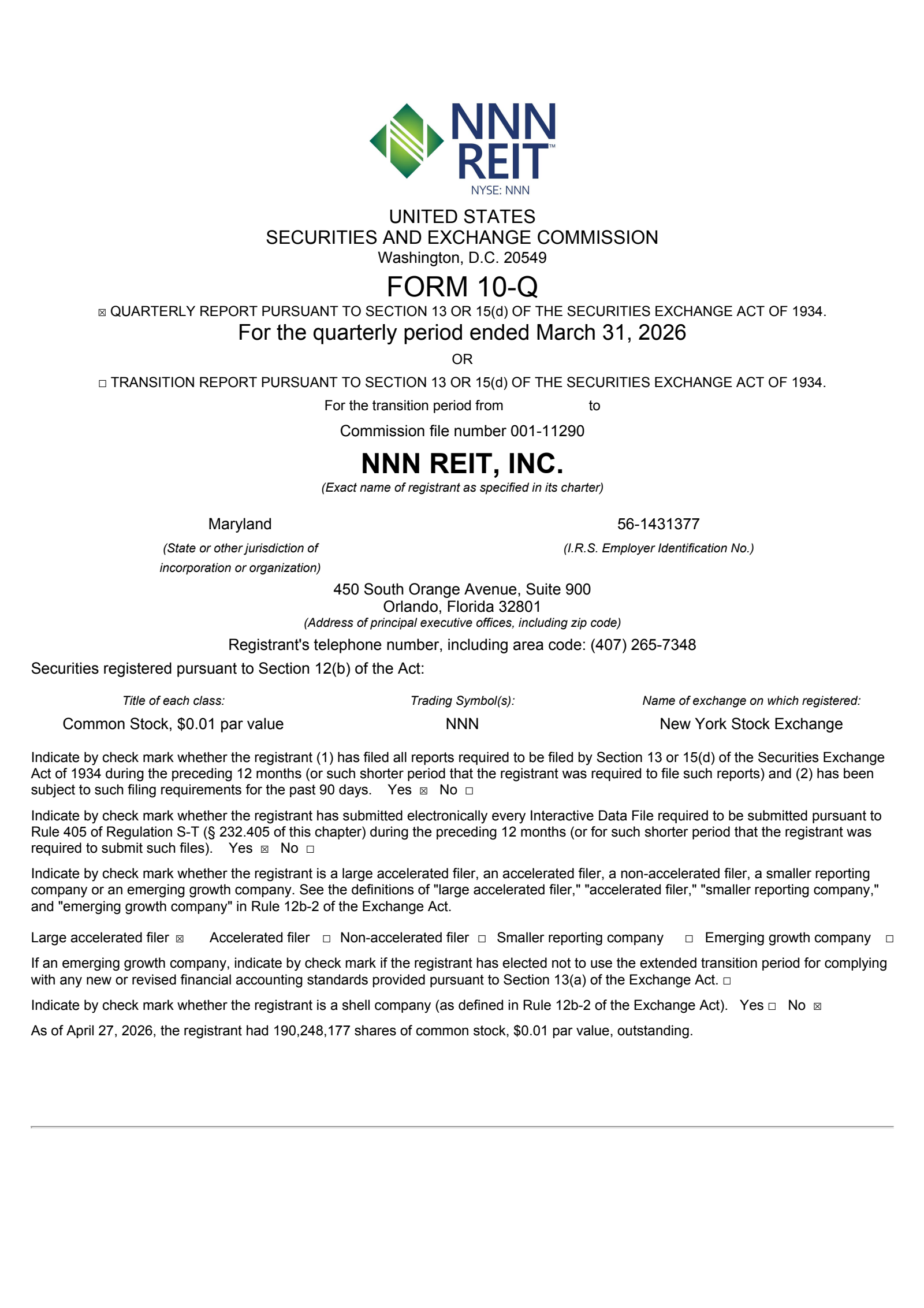 NNN REIT's Q1 2026 Quarterly report