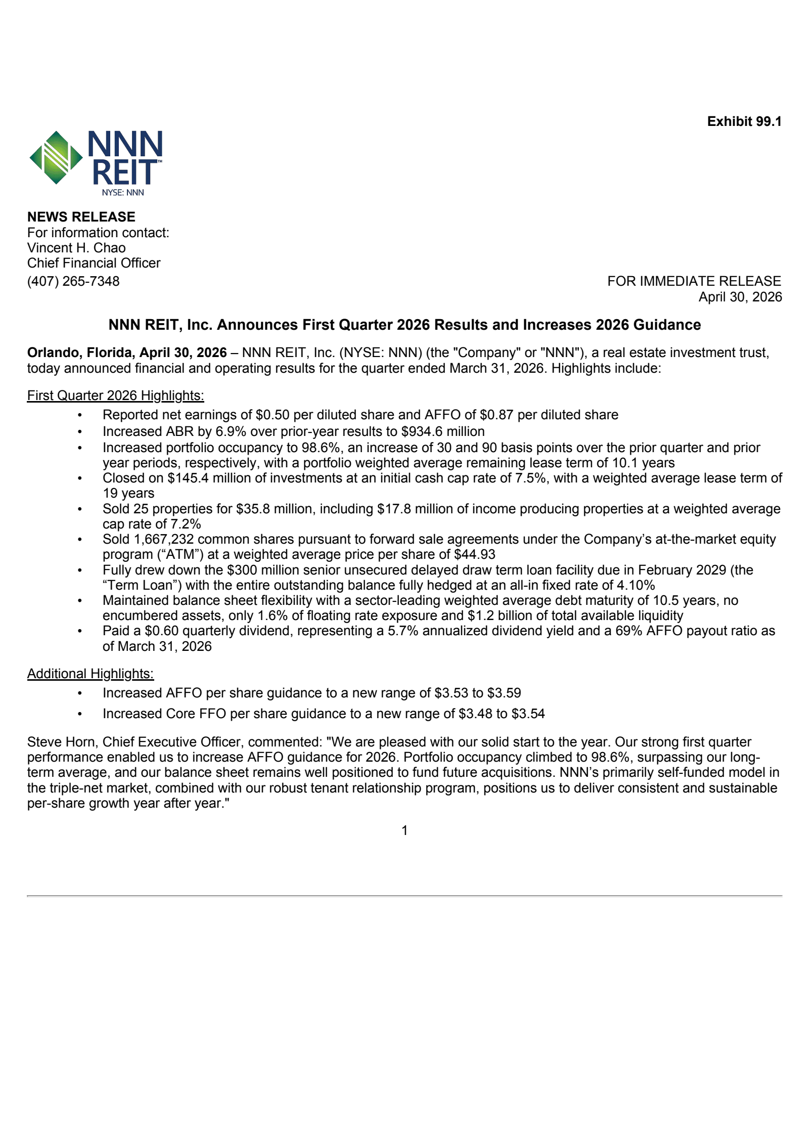 NNN REIT's Q1 2026 Press Release