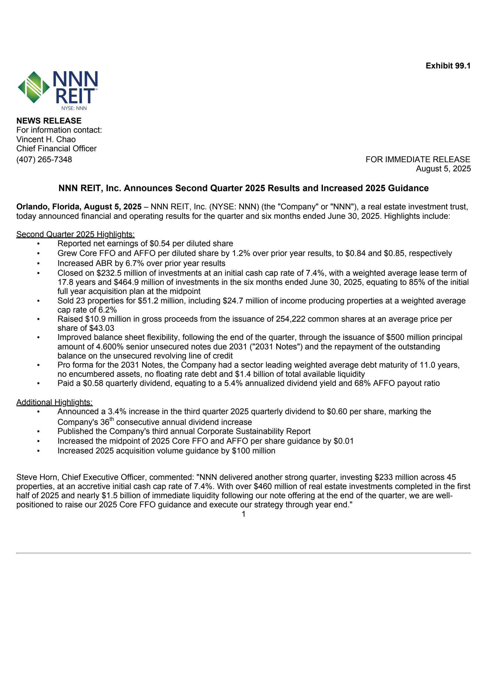 NNN REIT's Q2 2025 Press Release