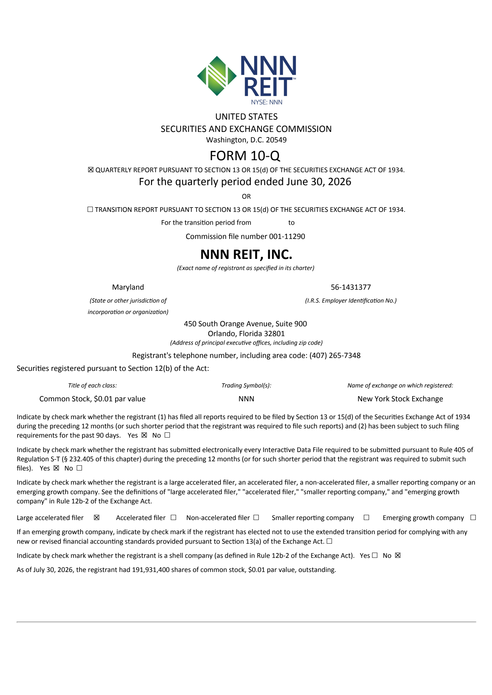 NNN REIT's Q2 2026 Quarterly report