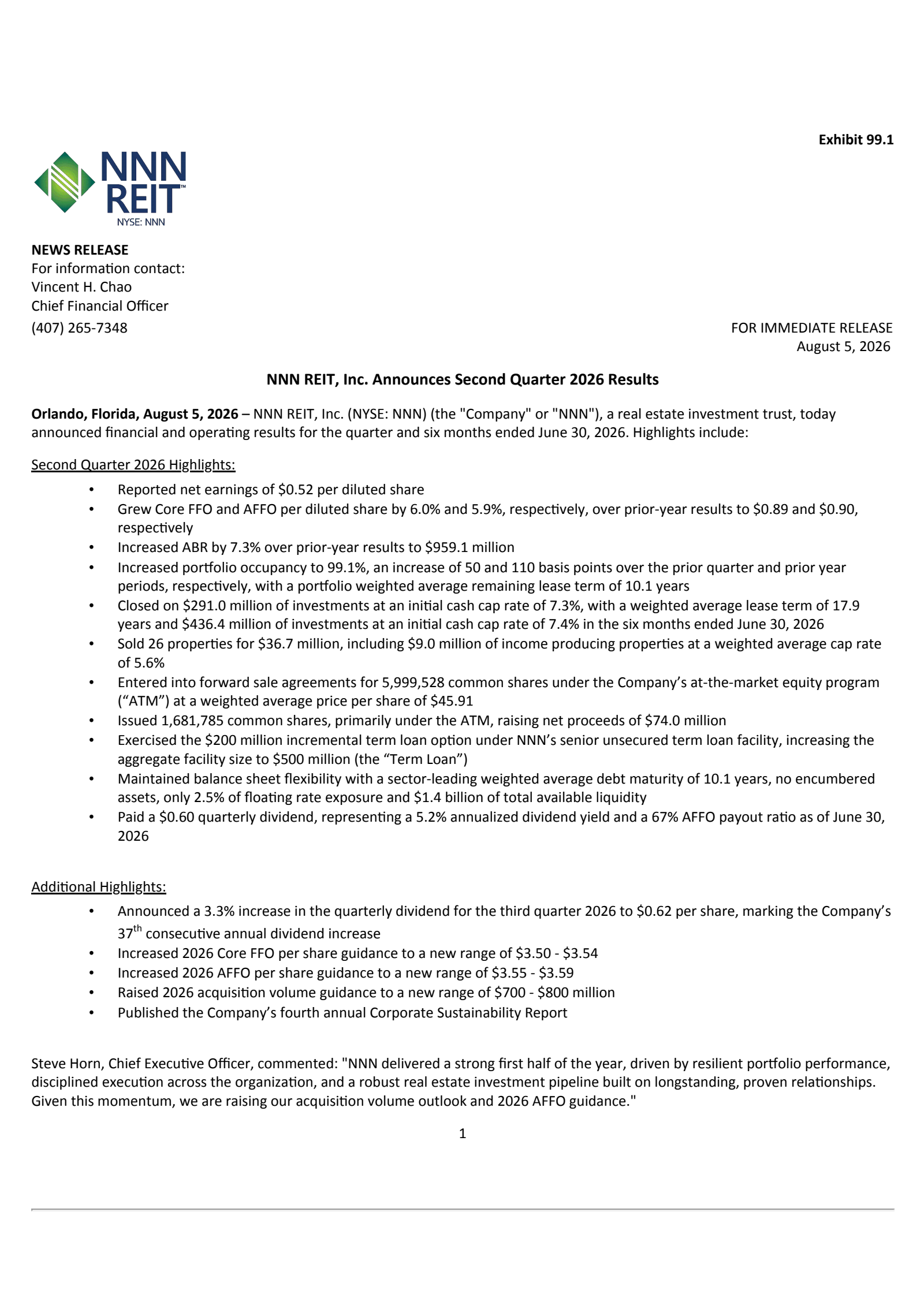 NNN REIT's Q2 2026 Press Release