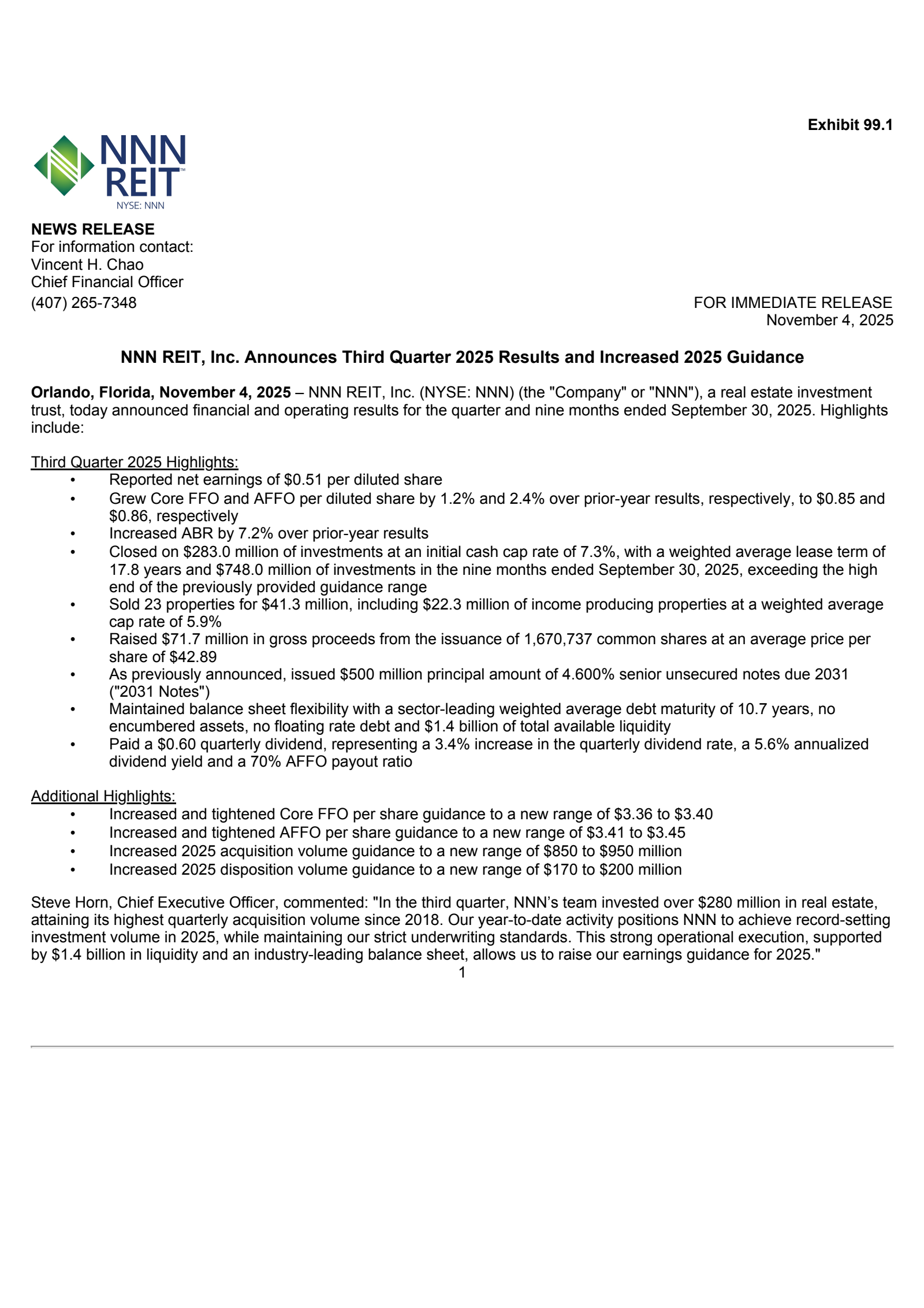 NNN REIT's Q3 2025 Earnings Release