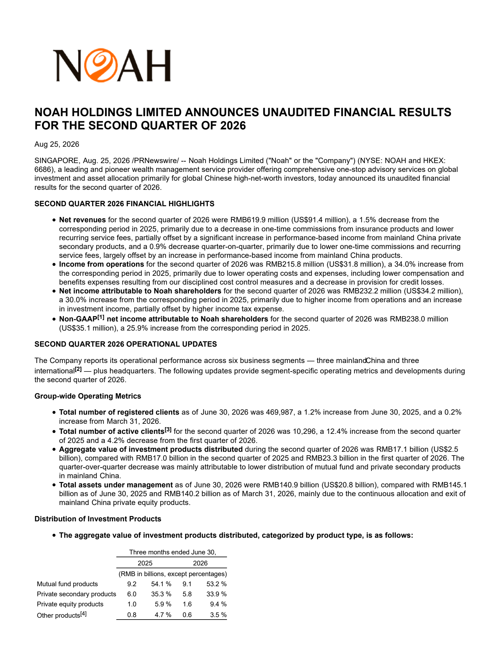 Noah's Q2 2026 Press Release