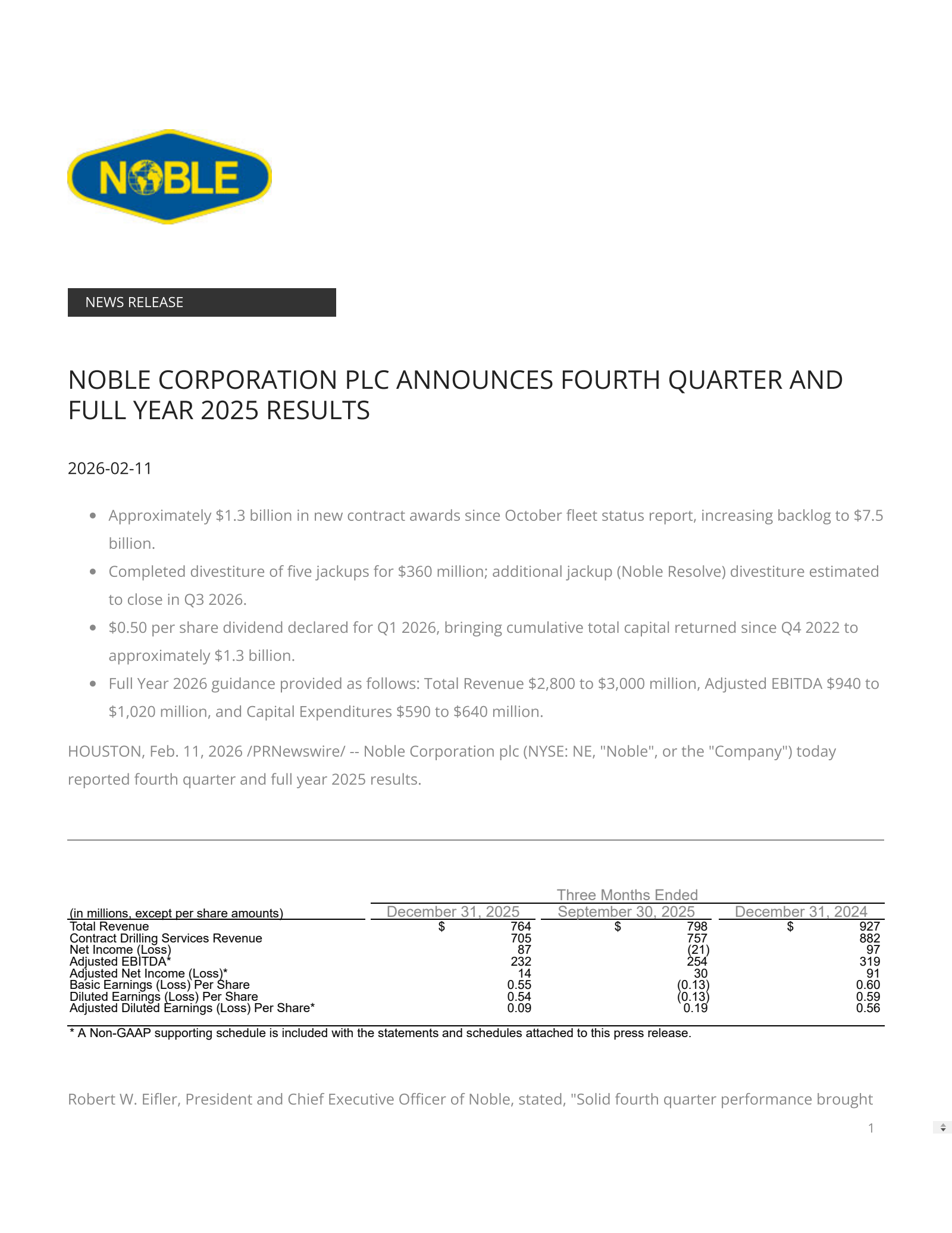 Noble's Q4 2025 Press Release