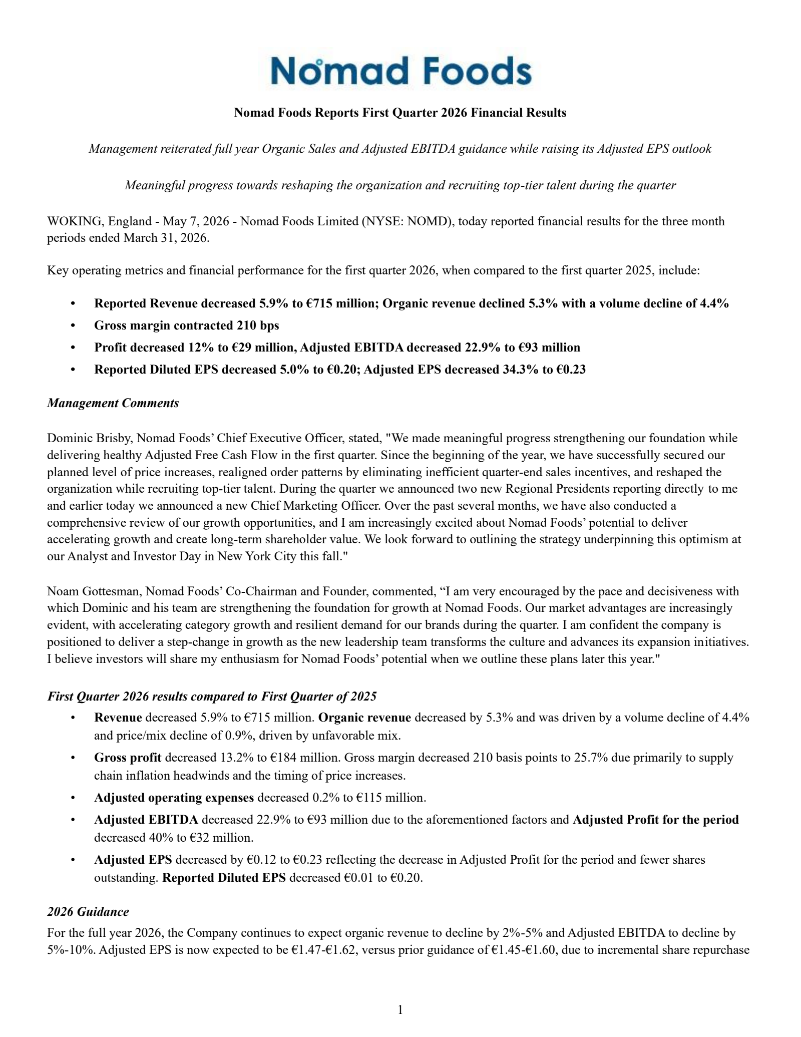 Nomad Foods' Q1 2026 Prepared Remarks Press Release