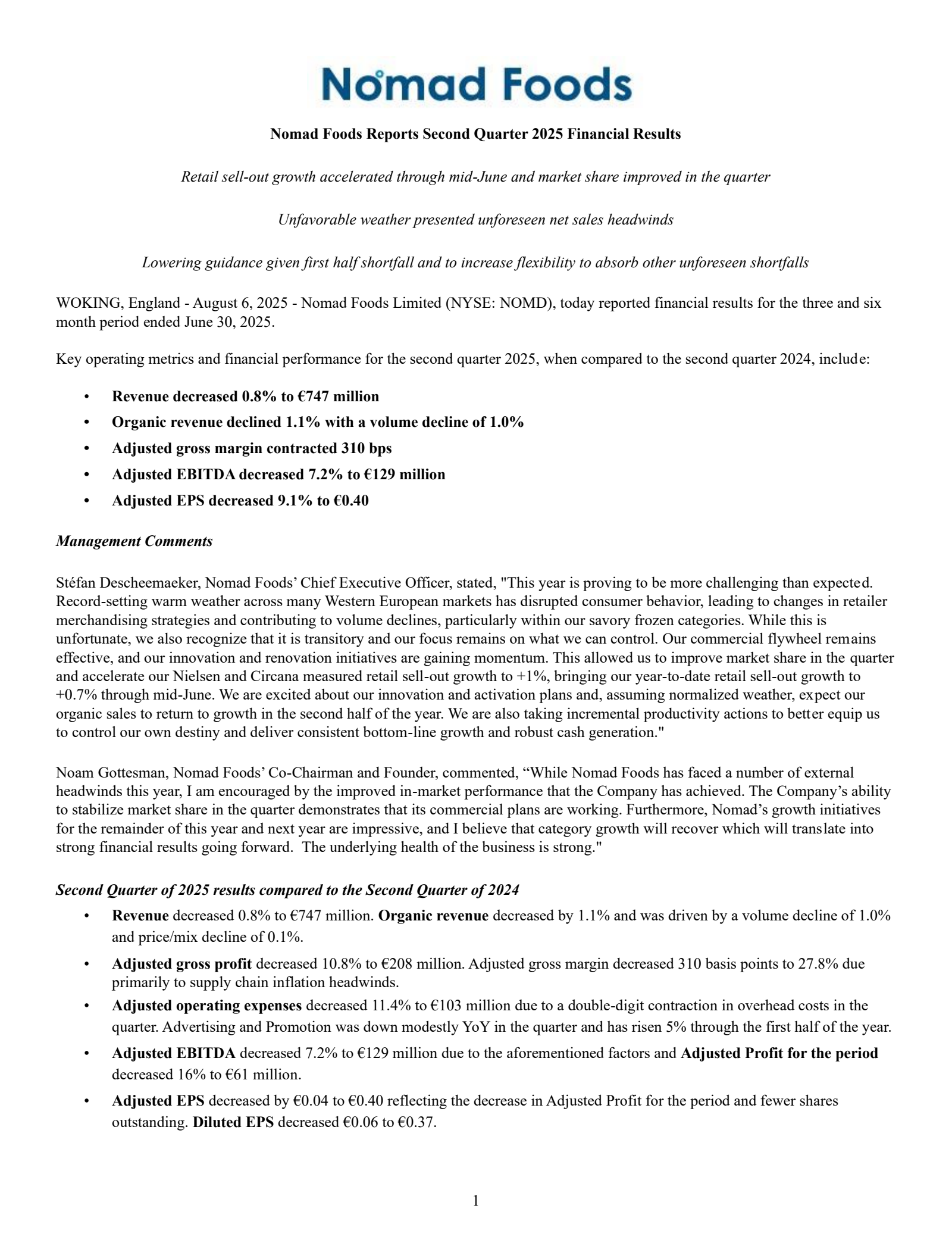 Nomad Foods' Q2 2025 Prepared Remarks Press Release