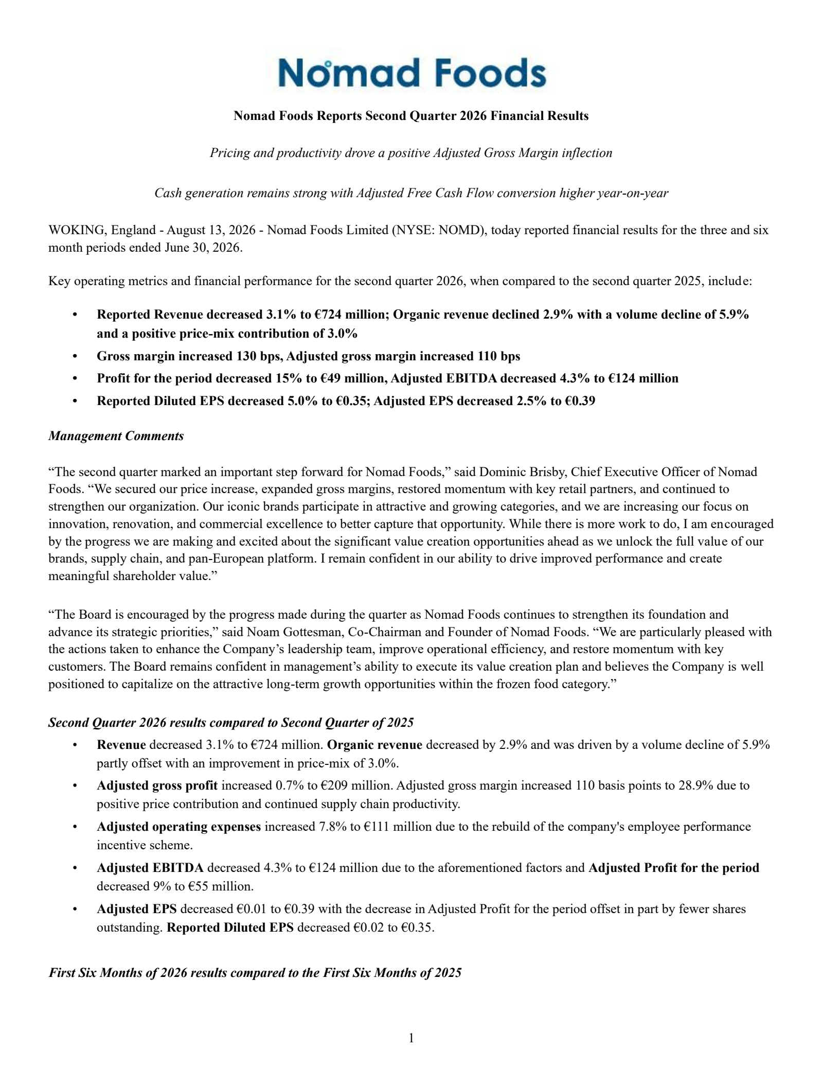 Nomad Foods' Q2 2026 Prepared Remarks Press Release