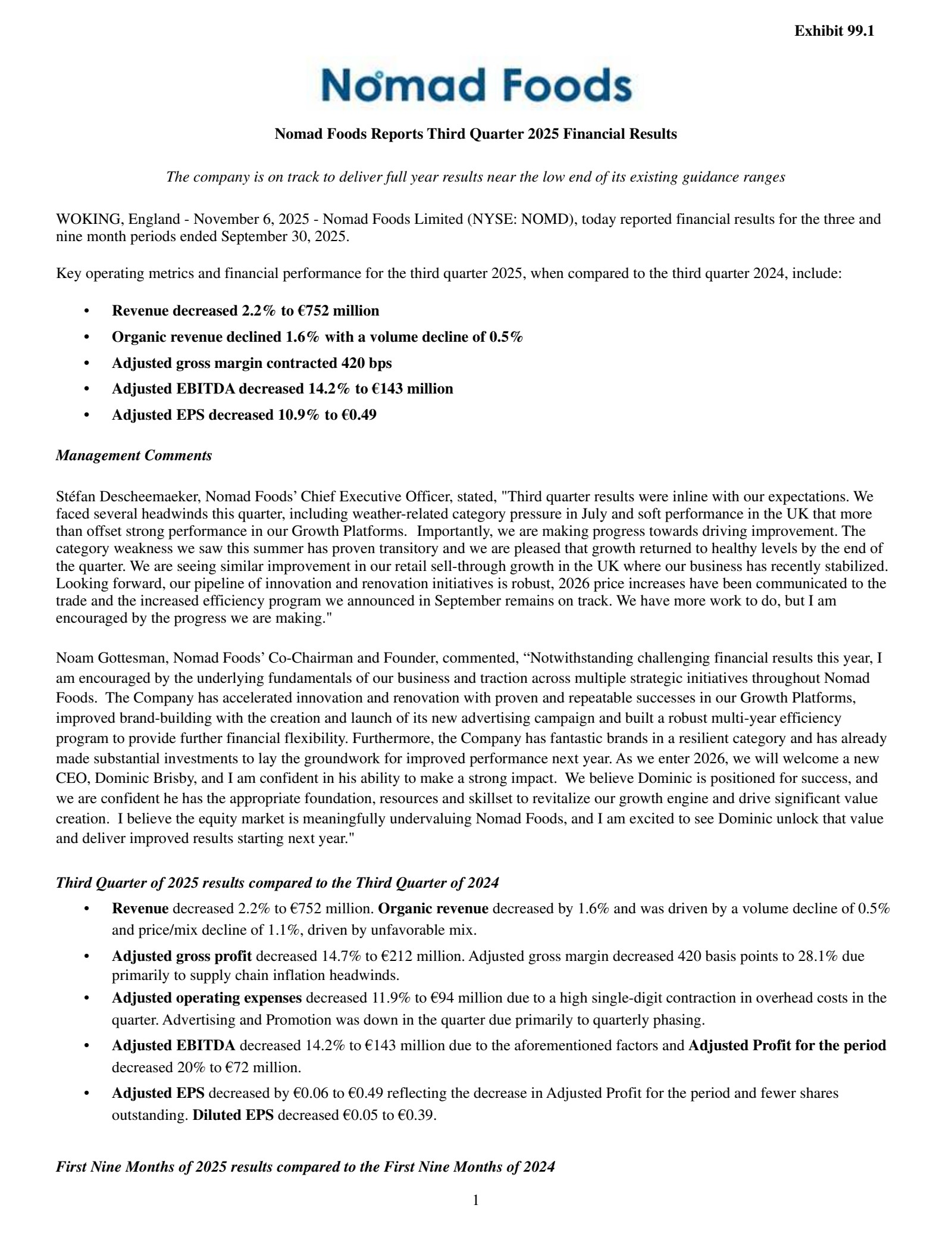 Nomad Foods' Q3 2025 Prepared Remarks Earnings Release