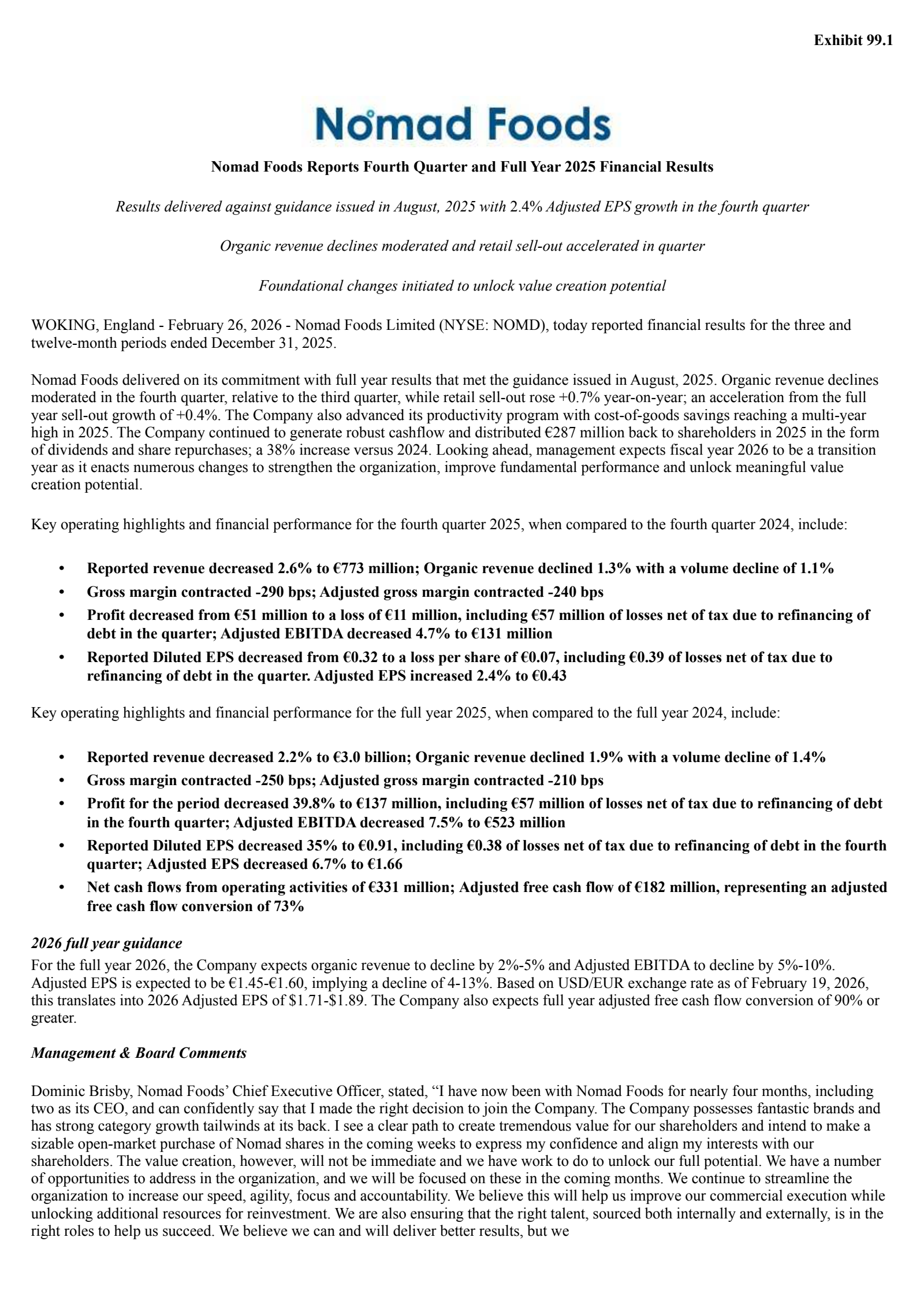 Nomad Foods' Q4 2025 Prepared Remarks Press Release