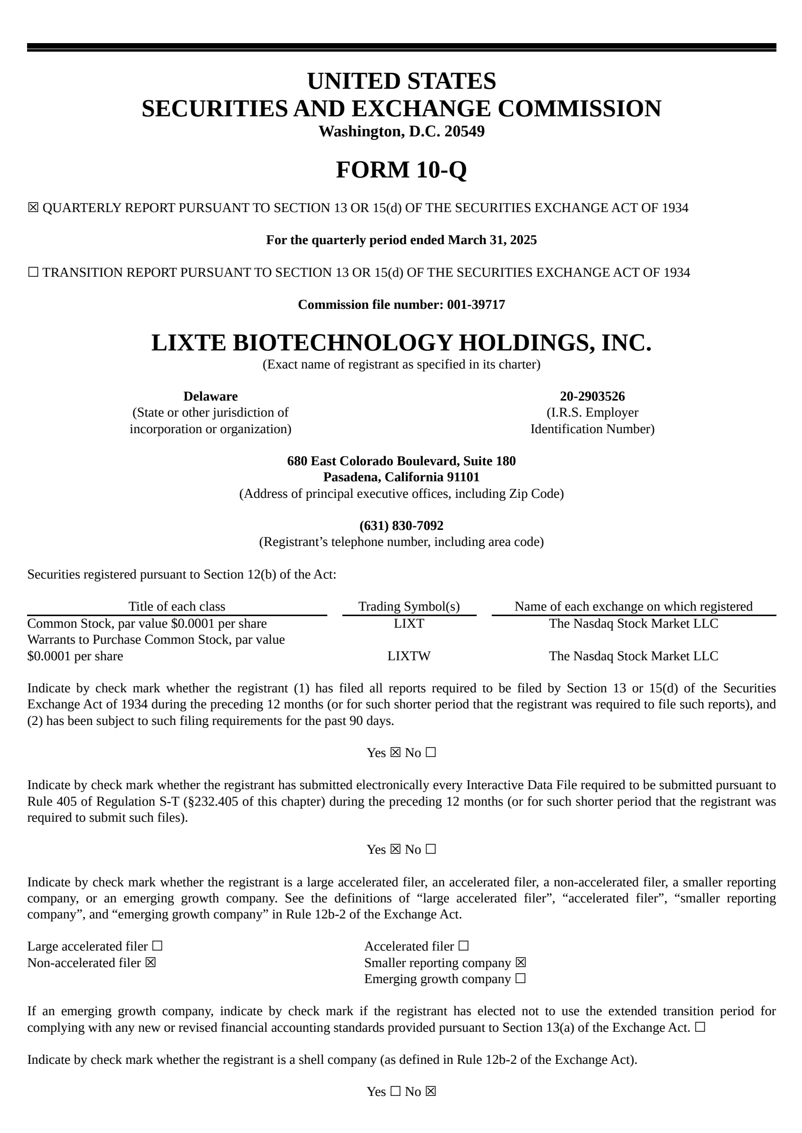 Lixte Biotechnology's Q1 2025 Quarterly report