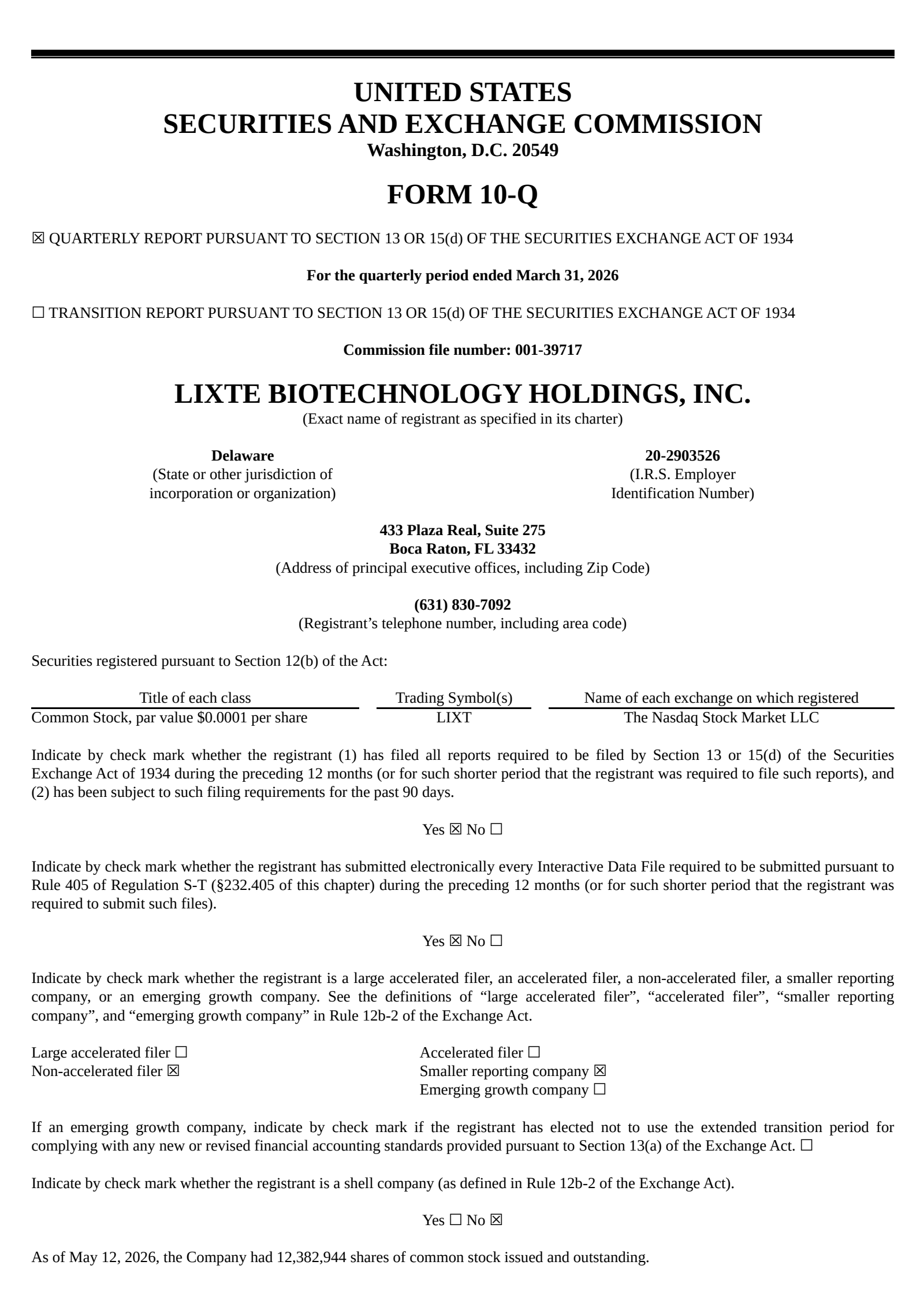 Lixte Biotechnology's Q1 2026 Quarterly report