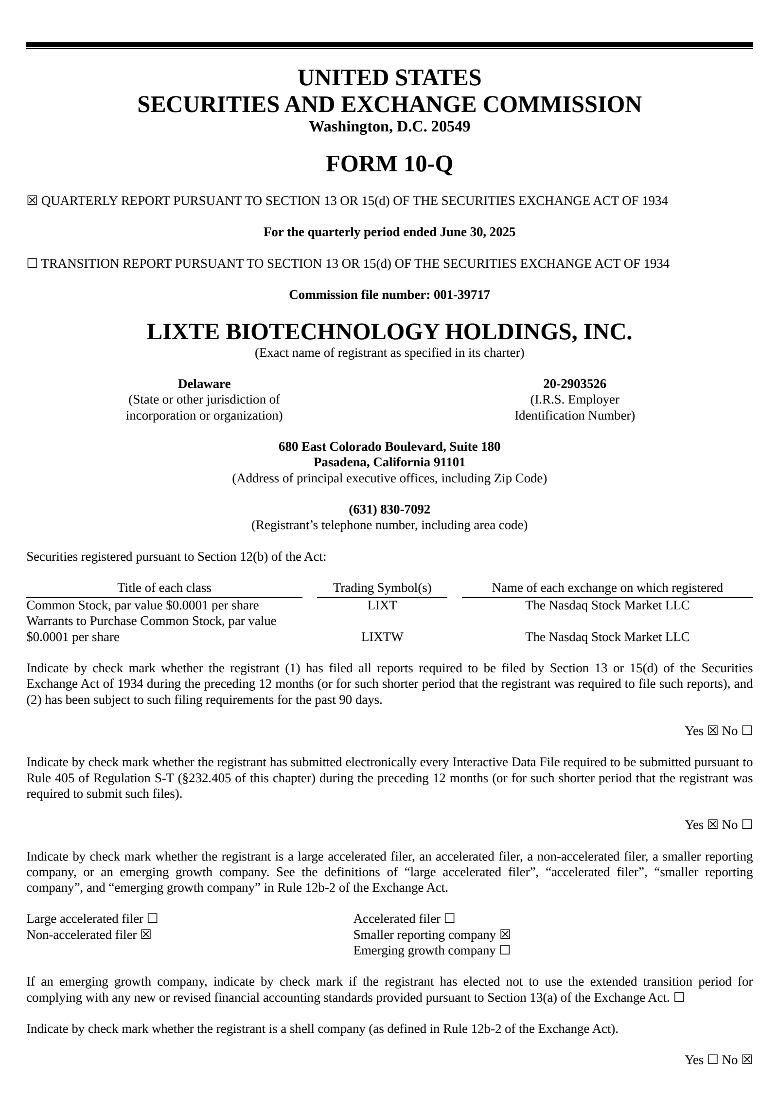 Lixte Biotechnology's Q2 2025 Quarterly report