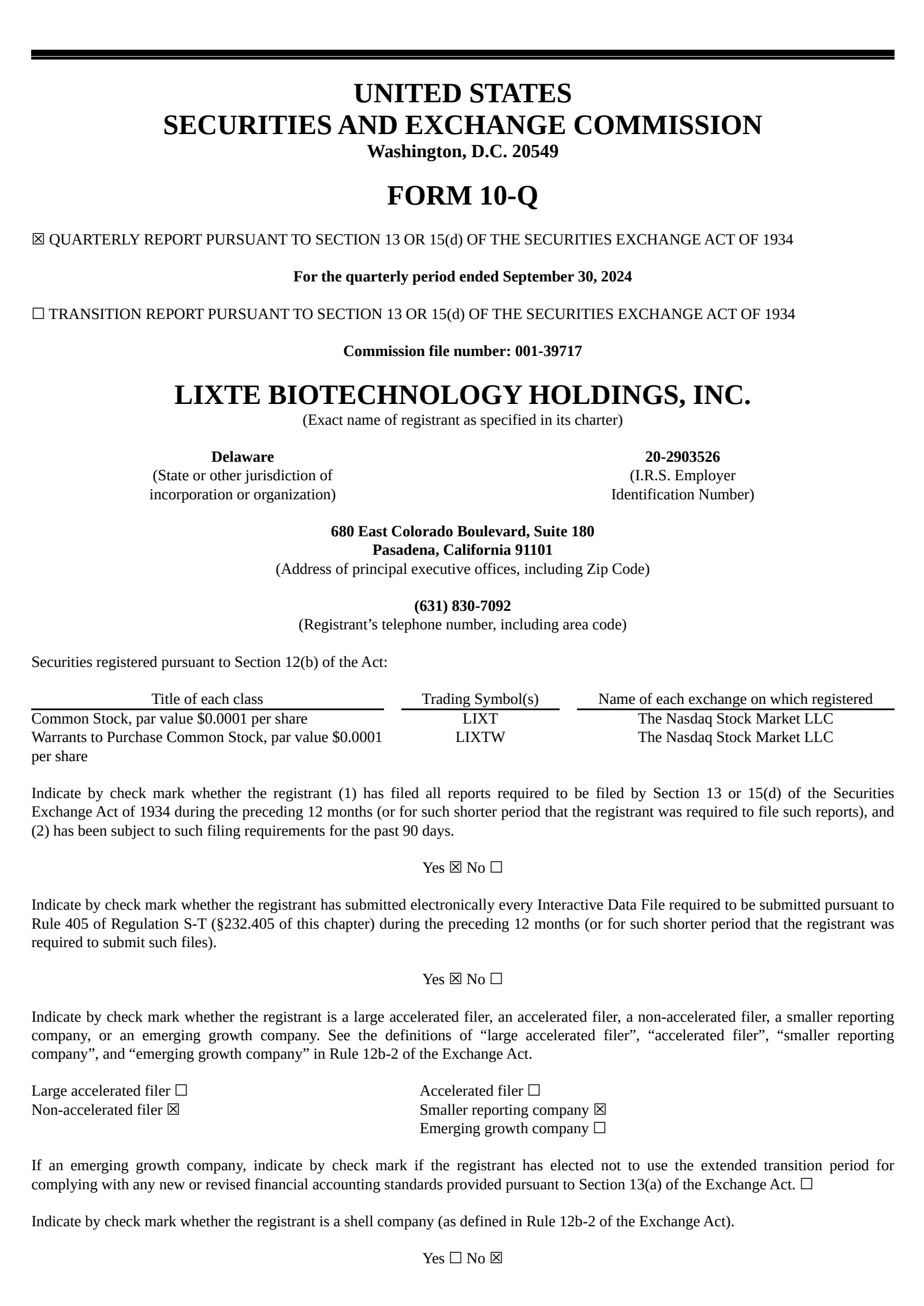 Lixte Biotechnology's Q3 2024 Quarterly report