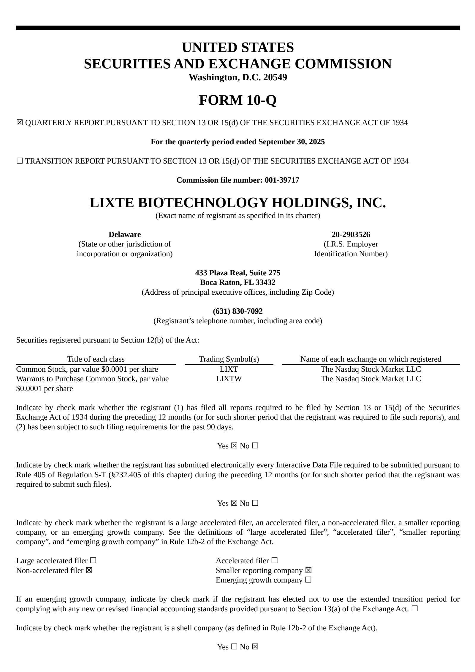Lixte Biotechnology's Q3 2025 Quarterly report