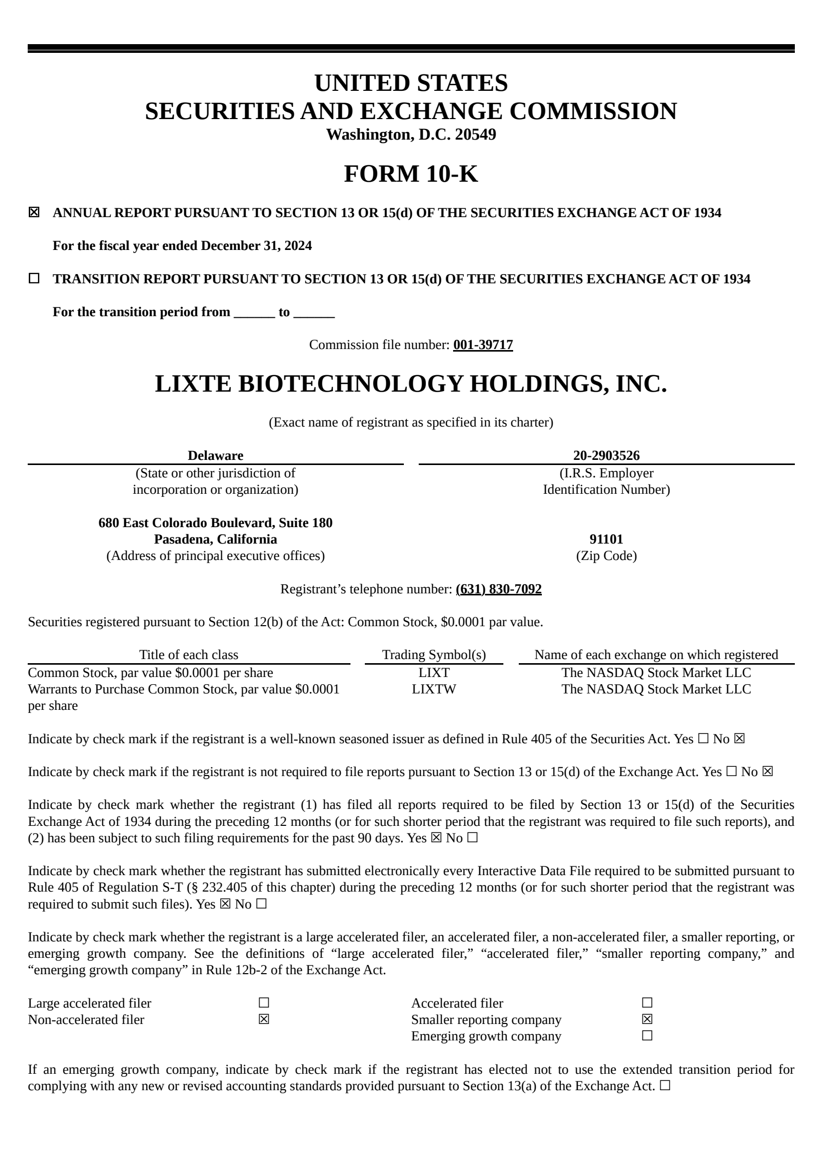 Lixte Biotechnology's Q4 2024 Annual report
