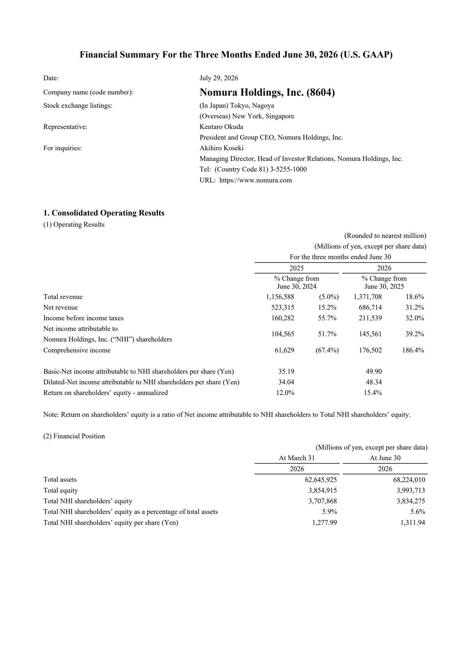 Nomura's Q1 2027 Interim report