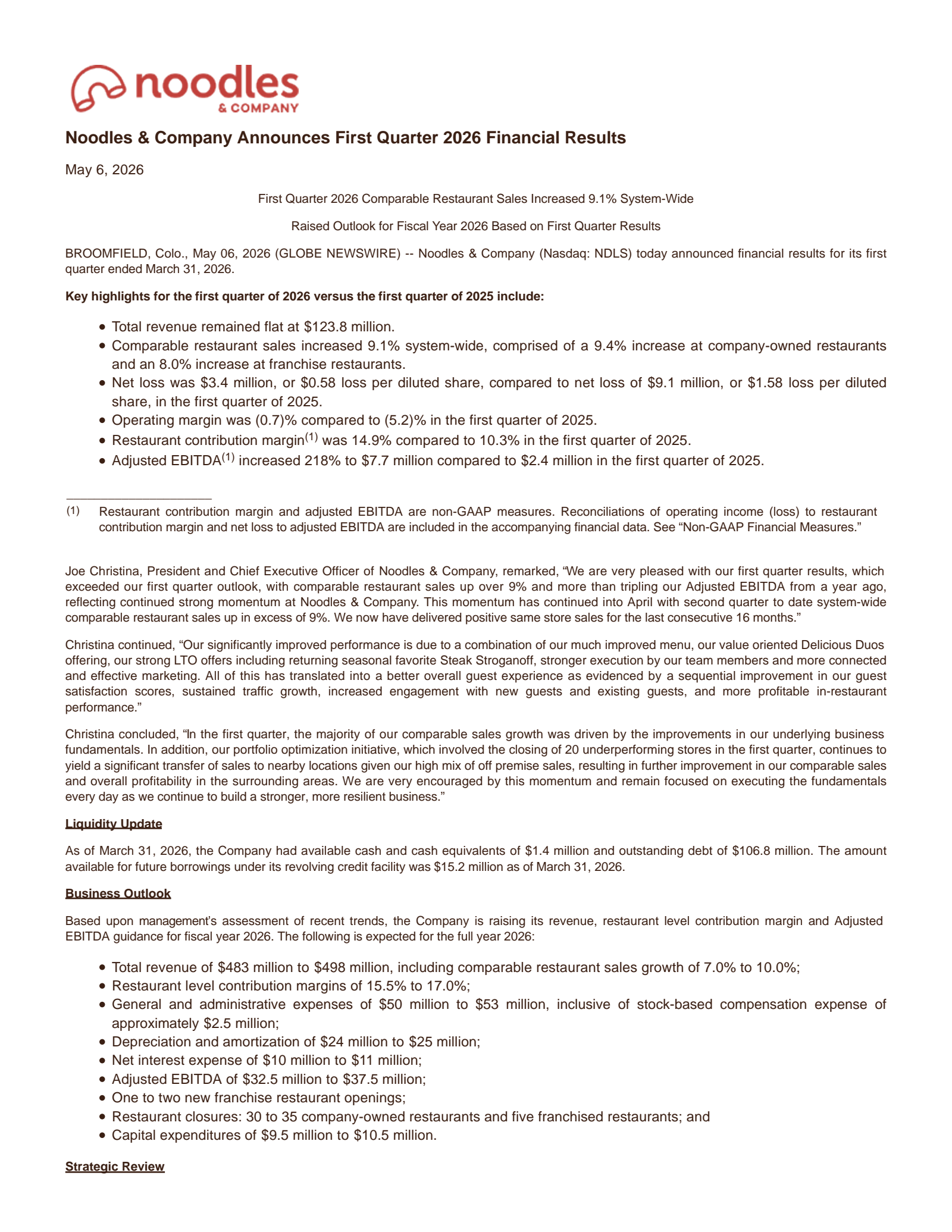 Noodles & Company's Q1 2026 Press Release